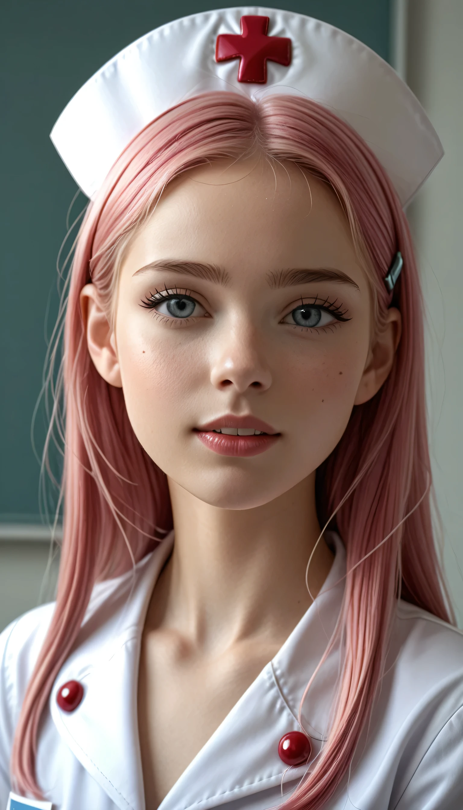 beautician 、Nurse uniform、Please redeem、masterpiece、One young Girl、2、White skin、Expressionless、Lift the corners of your mouth、 white teeth、Pink Hair。Twin tails、Hair Clip、大きなHair Clip、Cute Hair Clips、Grey Eyes、Small red cheeks and nose、Flat Chest、Small breasts、Small breasts、Dead Eye