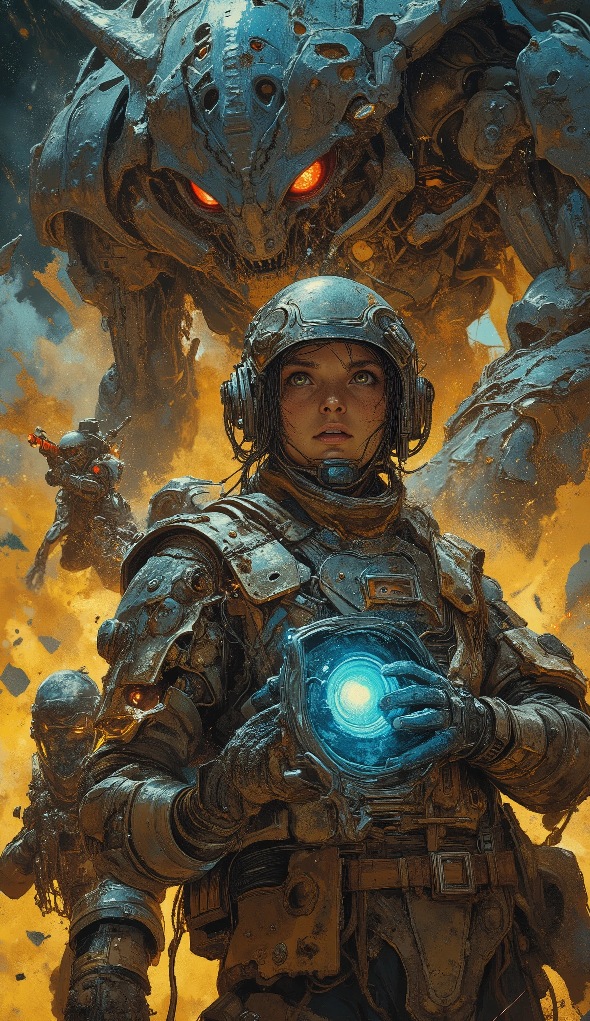 Dynamic scene, low-angle shot of the main explorer, a determined woman in a scarred, brass-and-leather environmental suit. Her helmet is retracted, revealing her face illuminated by the pulsating blue light from a recovered alien artifact she holds in her gloved hands. Her expression is a mix of awe and tension, eyes wide, strands of hair stuck to her sweaty forehead. Behind her, the massive form of a dormant mechanical guardian begins to activate, its single red eye flickering to life, casting ominous sharp shadows. Energy arcs across its carapace.

The background is a chaotic blur of motion: her two fellow explorers are caught in mid-action, one firing a warning shot from a gleaming kinetic rifle (muzzle flash visible), the other slipping on crumbling iridescent tiles. Glowing golden pollen and dust are disturbed, swirling violently in the air.

The scene is lit by the cold blue pulsating glow of the artifact, the warm emergency lights from the explorers' suits, and the threatening crimson glare of the awakening machine. Volumetric light, hyper-detailed, photorealistic, sense of immediate danger, motion blur on the background characters, sharp focus on the heroine's face and the artifact. Style of Jesper Ejsing and Greg Rutkowski.