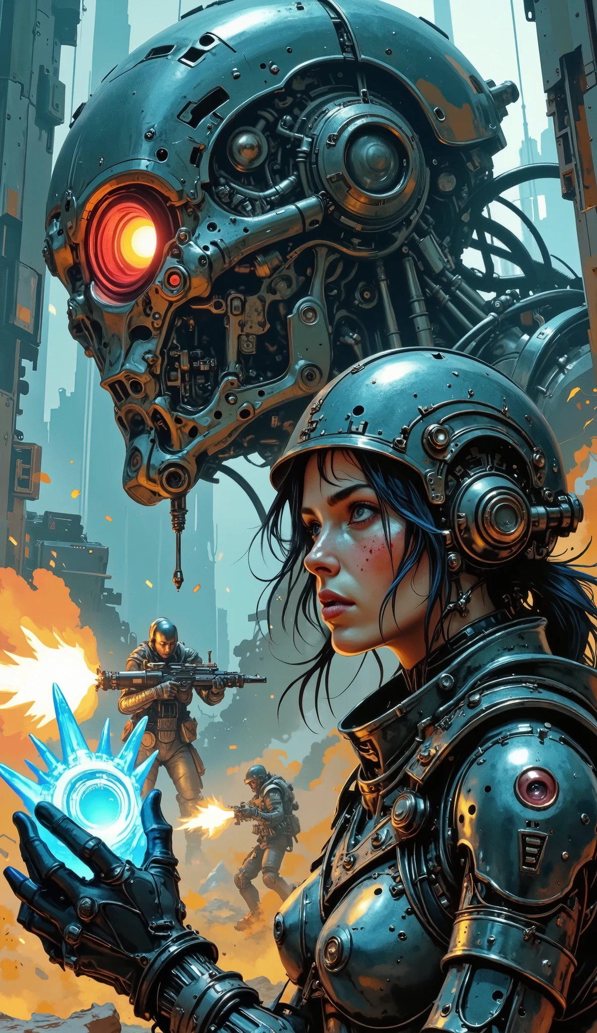 Dynamic scene, low-angle shot of the main explorer, a determined woman in a scarred, brass-and-leather environmental suit. Her helmet is retracted, revealing her face illuminated by the pulsating blue light from a recovered alien artifact she holds in her gloved hands. Her expression is a mix of awe and tension, eyes wide, strands of hair stuck to her sweaty forehead. Behind her, the massive form of a dormant mechanical guardian begins to activate, its single red eye flickering to life, casting ominous sharp shadows. Energy arcs across its carapace. The background is a chaotic blur of motion: her two fellow explorers are caught in mid-action, one firing a warning shot from a gleaming kinetic rifle (muzzle flash visible), the other slipping on crumbling iridescent tiles. Glowing golden pollen and dust are disturbed, swirling violently in the air. The scene is lit by the cold blue pulsating glow of the artifact, the warm emergency lights from the explorers' suits, and the threatening crimson glare of the awakening machine. Volumetric light, hyper-detailed, photorealistic, sense of immediate danger, motion blur on the background characters, sharp focus on the heroine's face and the artifact. Style of Jesper Ejsing and Greg Rutkowski.