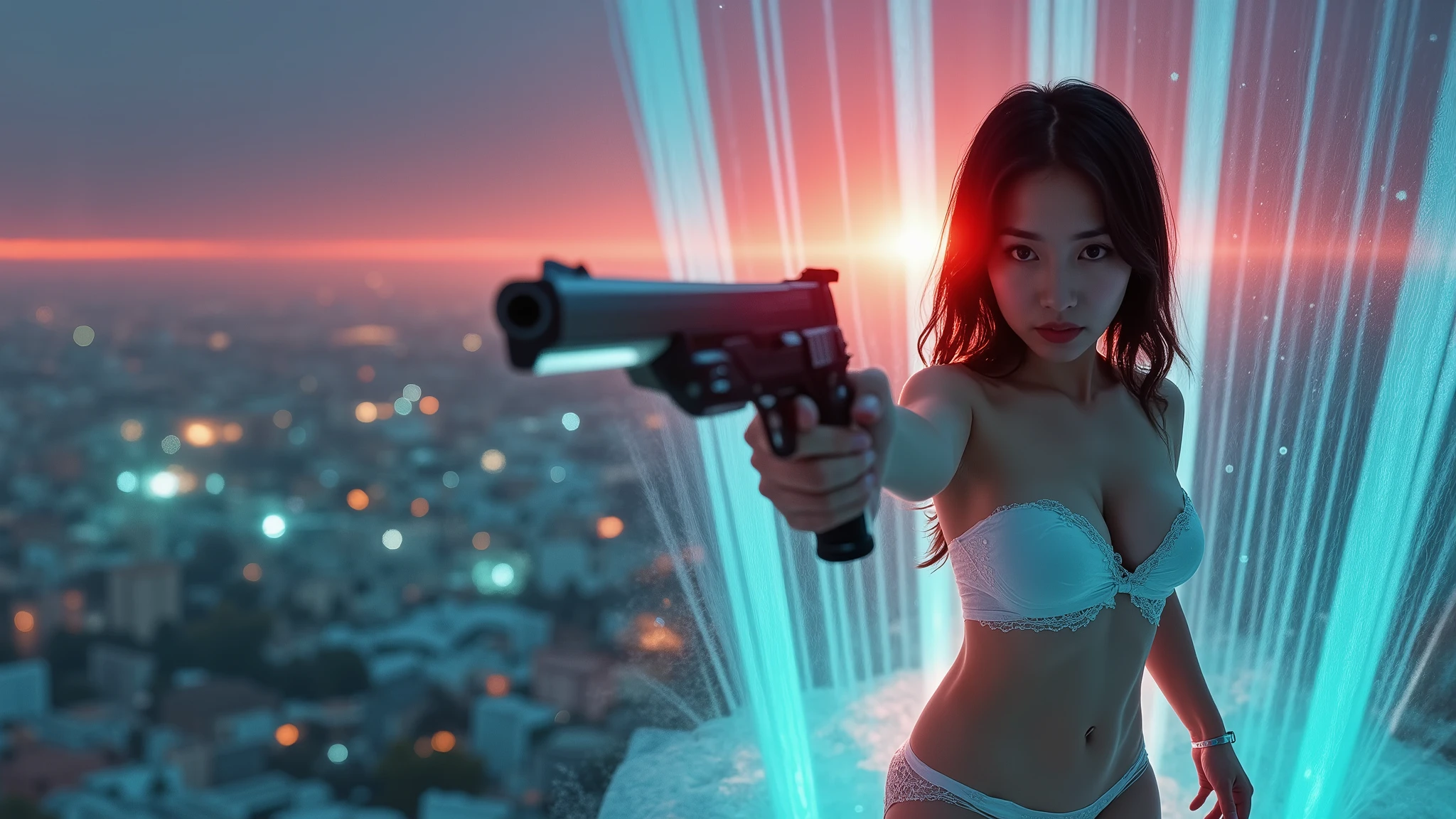 (((aerial, low angle view))), a naked 19-year-old woman in the mid-ground:0.4, (((standing at the right half of the frame, positioned in the middle-right, cinematic shot, rule of thirds composition))), large-breast:1.2, (((sexy side boob))), transparent:0.1 short:0.1 white shift dress, ethereal beauty, slim:0.5 body, (((cold face))), slim face, aiming viewer with (((pistol))), (((white lace tiny bra and white lace G-string micro panty))). mid-ground portrait, abstract sci-fi surreal dynamic streams of purple and blue light bursting outward as background.