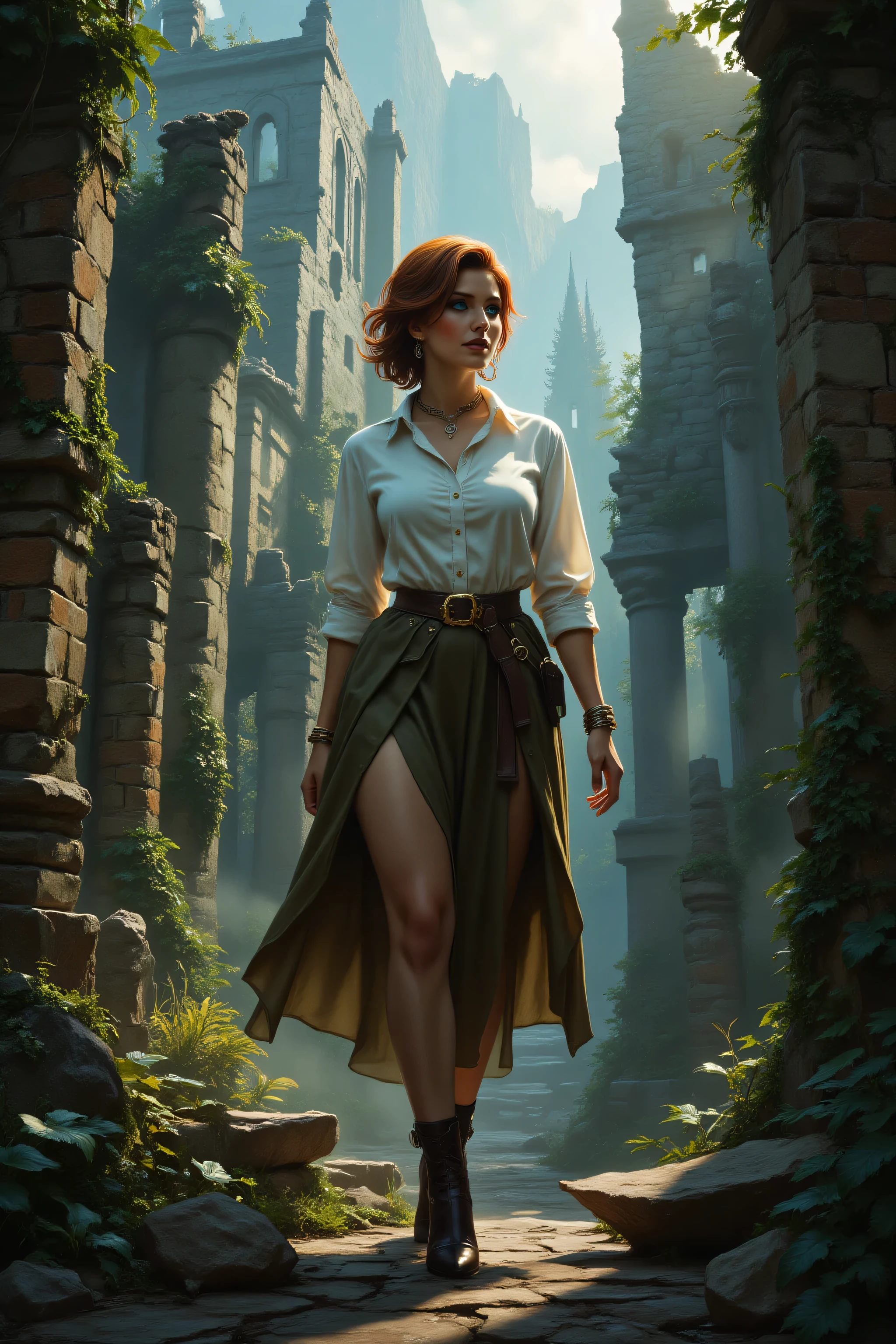 FntsyPstlCE style,midjourney ,alt90th91rl,comic art, fantasy art, RPG art, ultra wide shot, a picture of a woman explorere walking in a ancient ruins of lost culture, a beautiful mature woman, explorer woman, dynamic hair color, dynamic hair style, , wearing white button shirt, loose skirt, high heels,  standing in ancient lost city in ruins, moss on the wall, vines in the street, ruined houses, 16k, [ultra detailed], masterpiece, best quality, (ultra detailed), full body, ultra wide shot