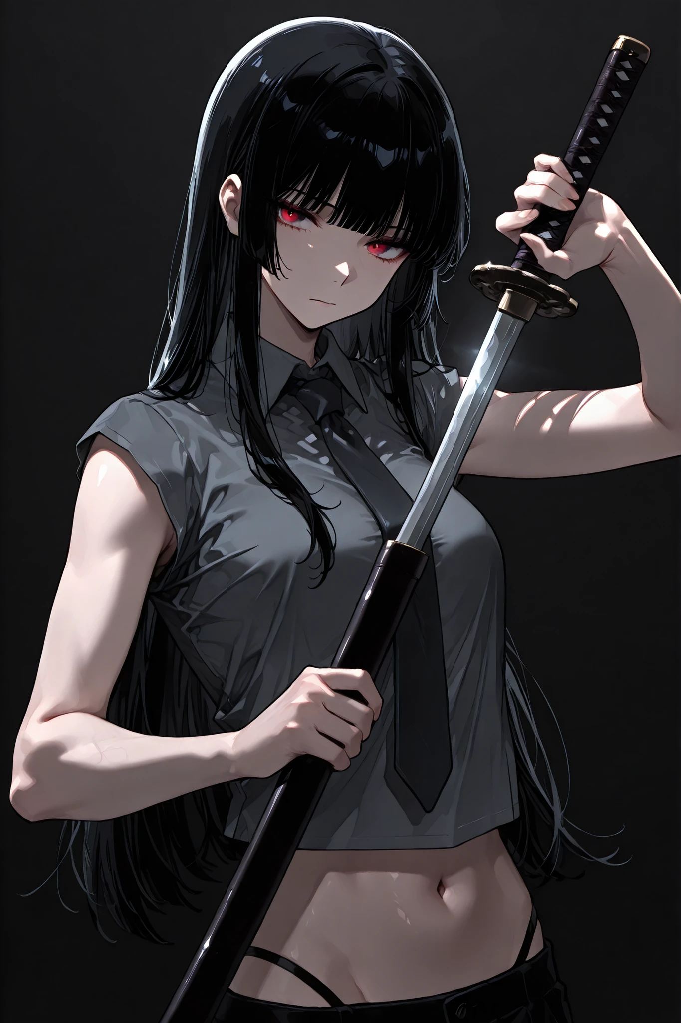 masterpiece,1girl,solo,long hair,hime cut,black hair, red eyes,holding katana,holding sword unsheathing,athletic body, grey shirt, shirt collar, tie, bare arms,midriff,faced viewer,upper body,closed mouth, panty strap