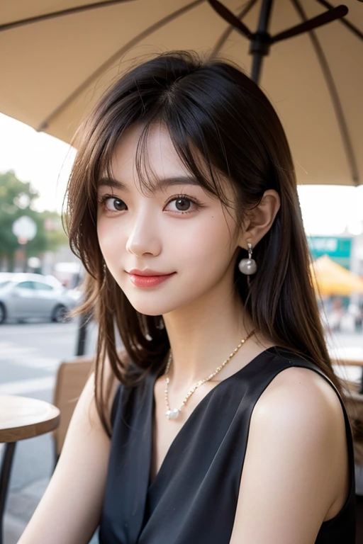 Film portrait photography, 1 girl,  shoulders,lipstick，（flat chest：1.4）， meatball head, wear necklace，Cute expression,Exquisite makeup，earrings，hairpin，Red suspenders，serene, calm, (Realistic and detailed eyes, natural skin texture, Realistic  details), Soft dramatic lighting, depth of field, Bokeh, Vibrant details, Detailed and detailed, surreal, 35mm film, hazy, ,