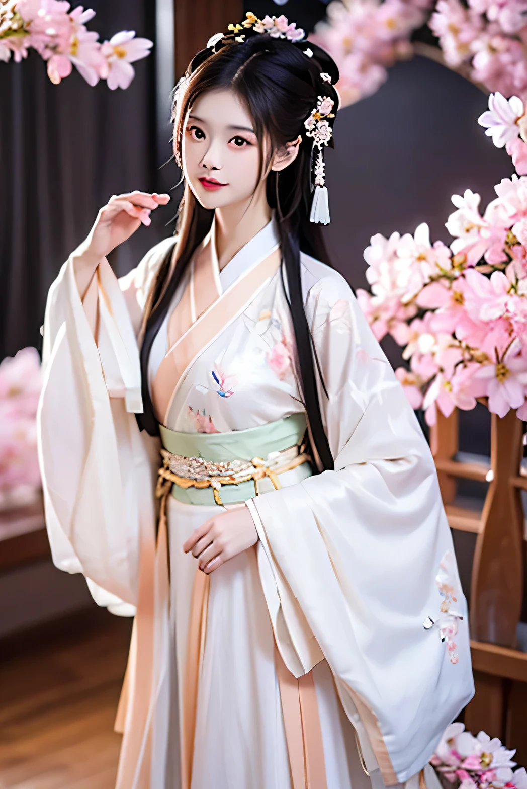 cherry blossom, hanfu, chinese clothes, wide sleeves, long sleeves, sash, see-through, layered clothes, traditional dress, ,hanfu-jingzhi,,masterpiece, best quality, ultra detailed, intricate details, high resolution, 8k, finely detailed art, stunning artwork, professional painting, CG art, semi realistic, một cô gái, trung hoa cổ đại, da trắng, hán phục màu xanh lam nhạt, trang phục bồng bềnh (flowy fabric), (silky texture, soft folds, realistic fabric), họa tiết tinh xảo màu trắng, trang sức, tóc dài màu đen, ngồi trên băng ghế đá, trong khu vườn, hoa anh đào, tuyết rơi, sân lát đá."