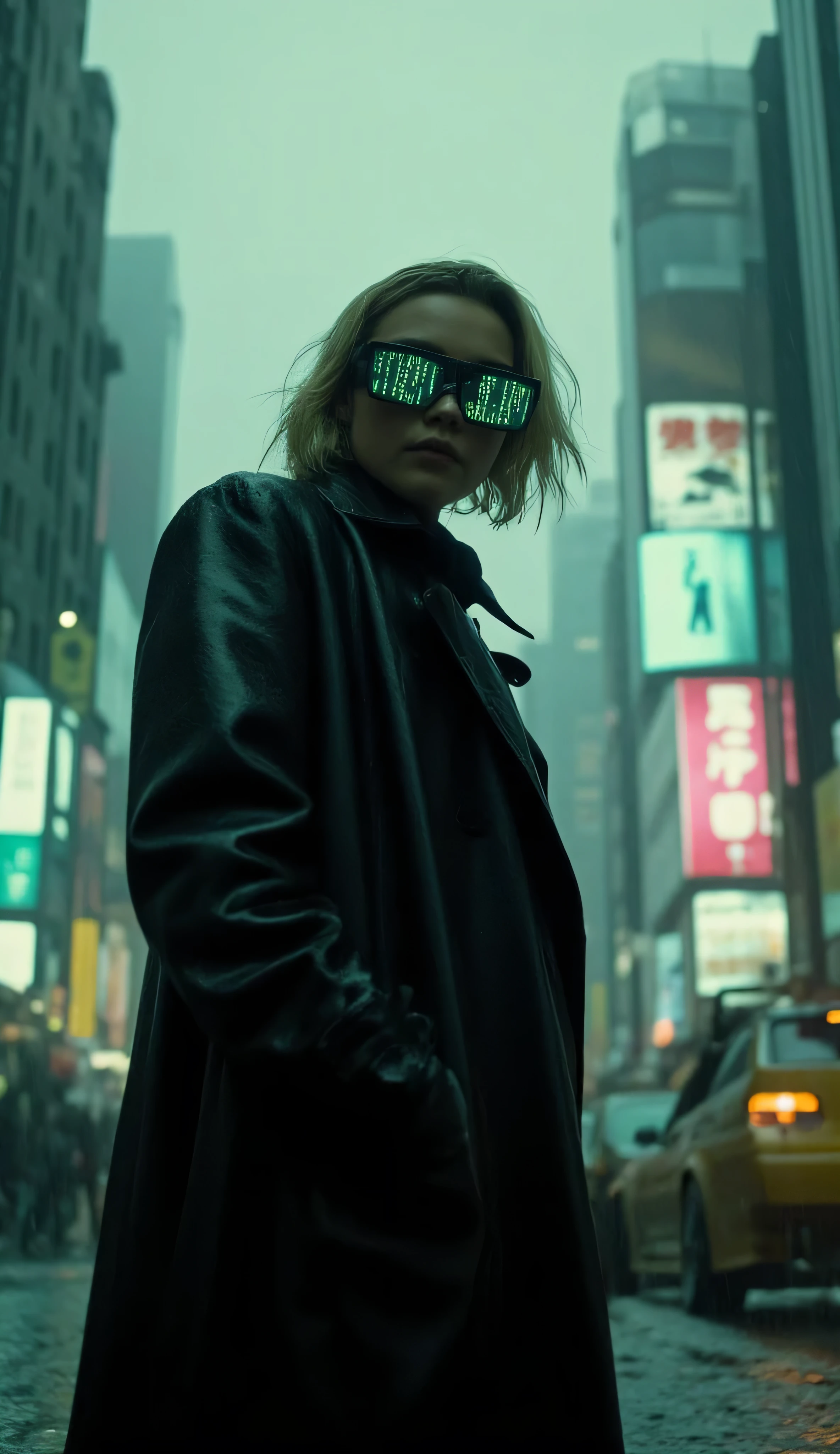 Florence Pugh, The Matrix, standing, alone, cityscape, black leather trench coat, futuristic sunglasses reflecting green code, misty dark streets, neon signs, rain falling, digital glitch effects in the air, cyberpunk noir mood, ultra-detailed, dramatic lighting, photorealistic, 4k, cowboy shot