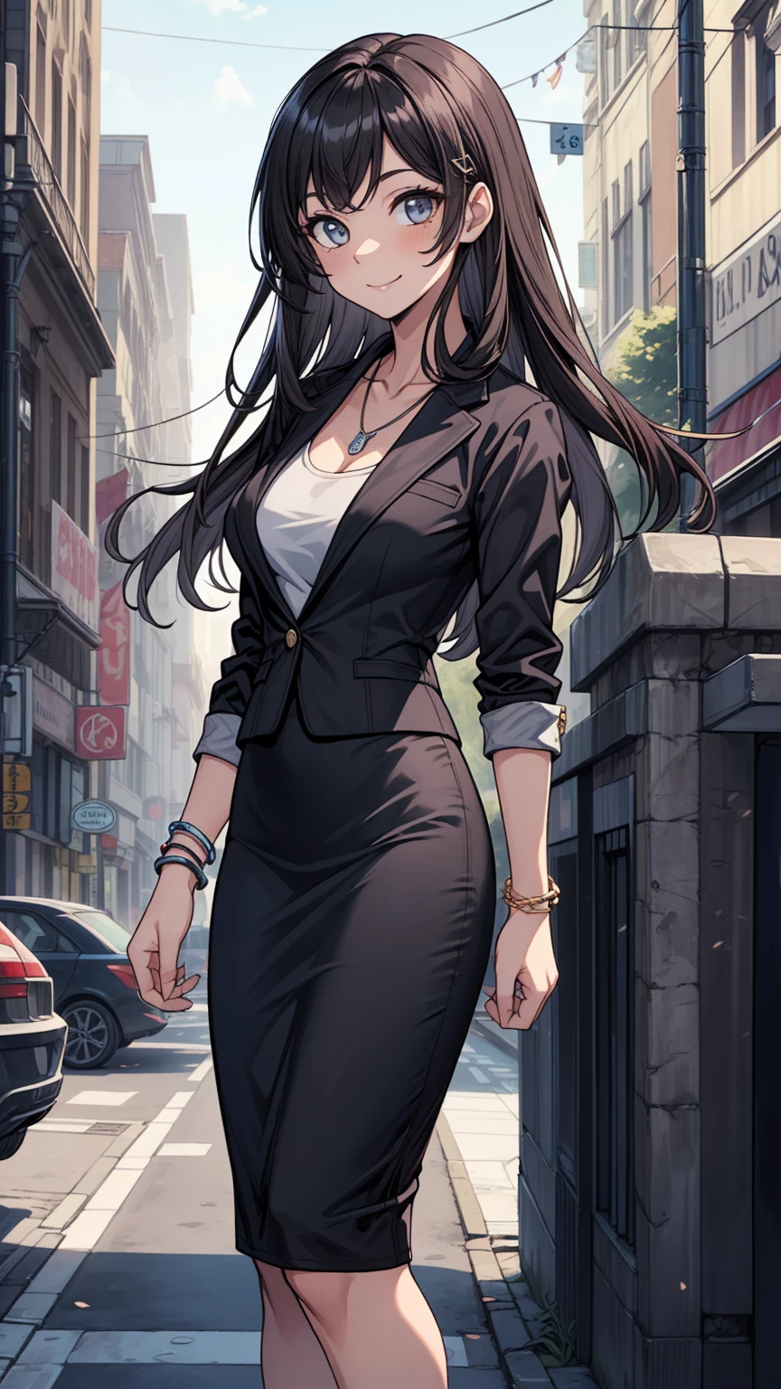((masterpiece, top quality:1.3, High detail)), beautiful businesswoman, smile, long wave hair, (dark hair), hairpin, bright eyes, (gray blazer), (Black Pencil ((skirt)), ((long skirt:1.2)), necklace, bracelets for men, clavicle, heels, ( lower body), city background, 
