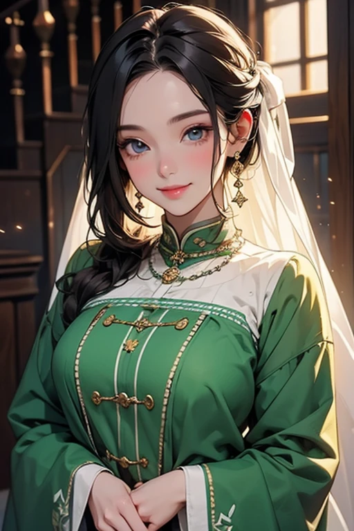 Un beau buste d'A young female aristocratic European，Fleurs vert olive en arrière-plan，Hdr，grande ouverture，Faible saturation，cheveux longs，Boucles blanc clair，Portez un blazer marron，Boucles d'earrings with sequins，fair-skinned，high sharpness，Doux et généreux
