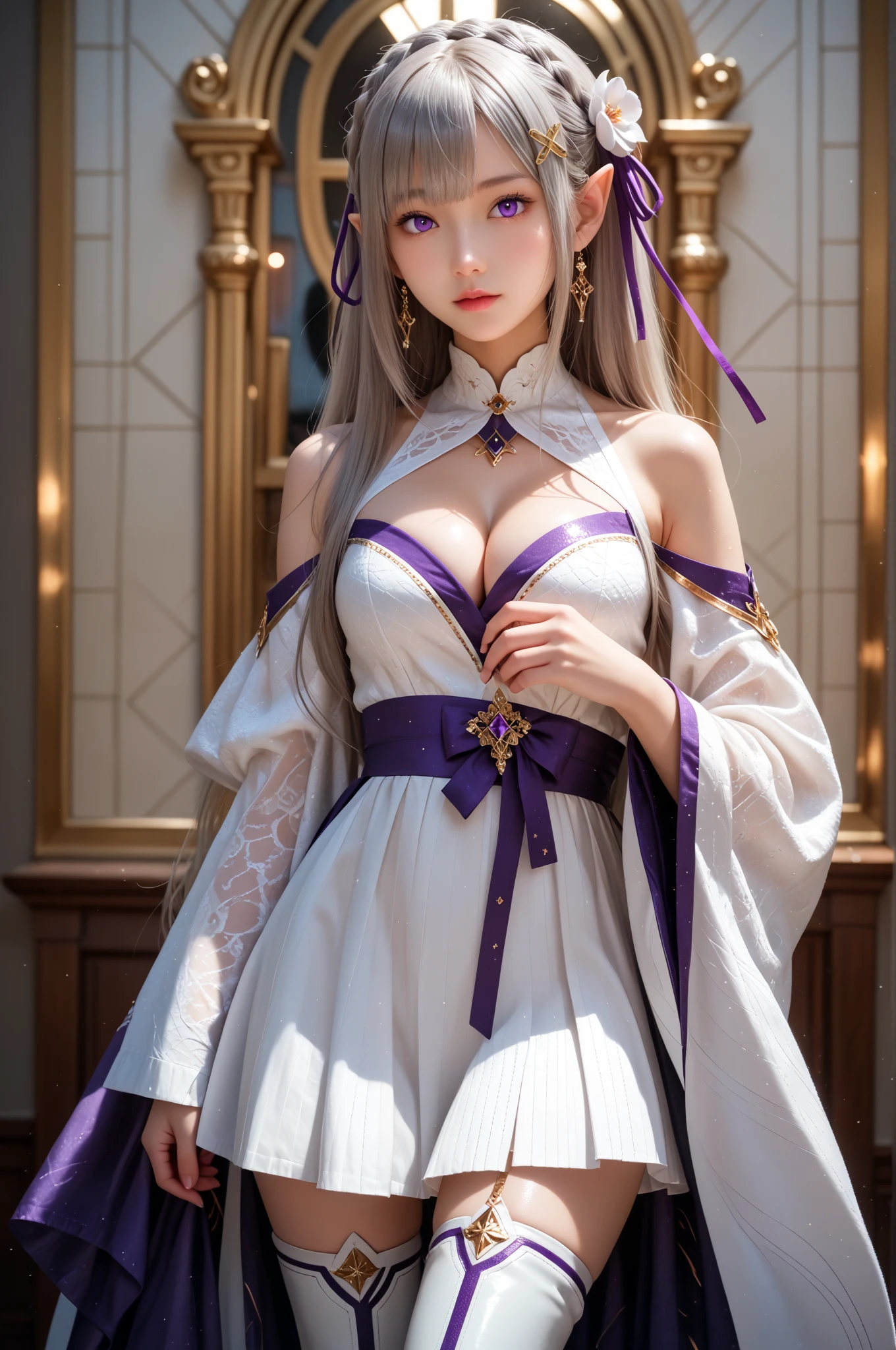 FrierenWinter, 8k, best quality, highres, realistic, real person, A wizard character with silver ponytail hair, earrings, and a shorter stature. The wizard is holding a luxurious, ornately decorated staff but is not wearing a hat. Their outfit is a blend of traditional wizard robes and contemporary magical attire, rich in detail and color. The character's expression is wise and confident, reflecting their mastery in magic. The background is a mystical setting, with elements of magic and fantasy. ???????????, cleavage, beautiful legs, long legs, gorgeous magic wand