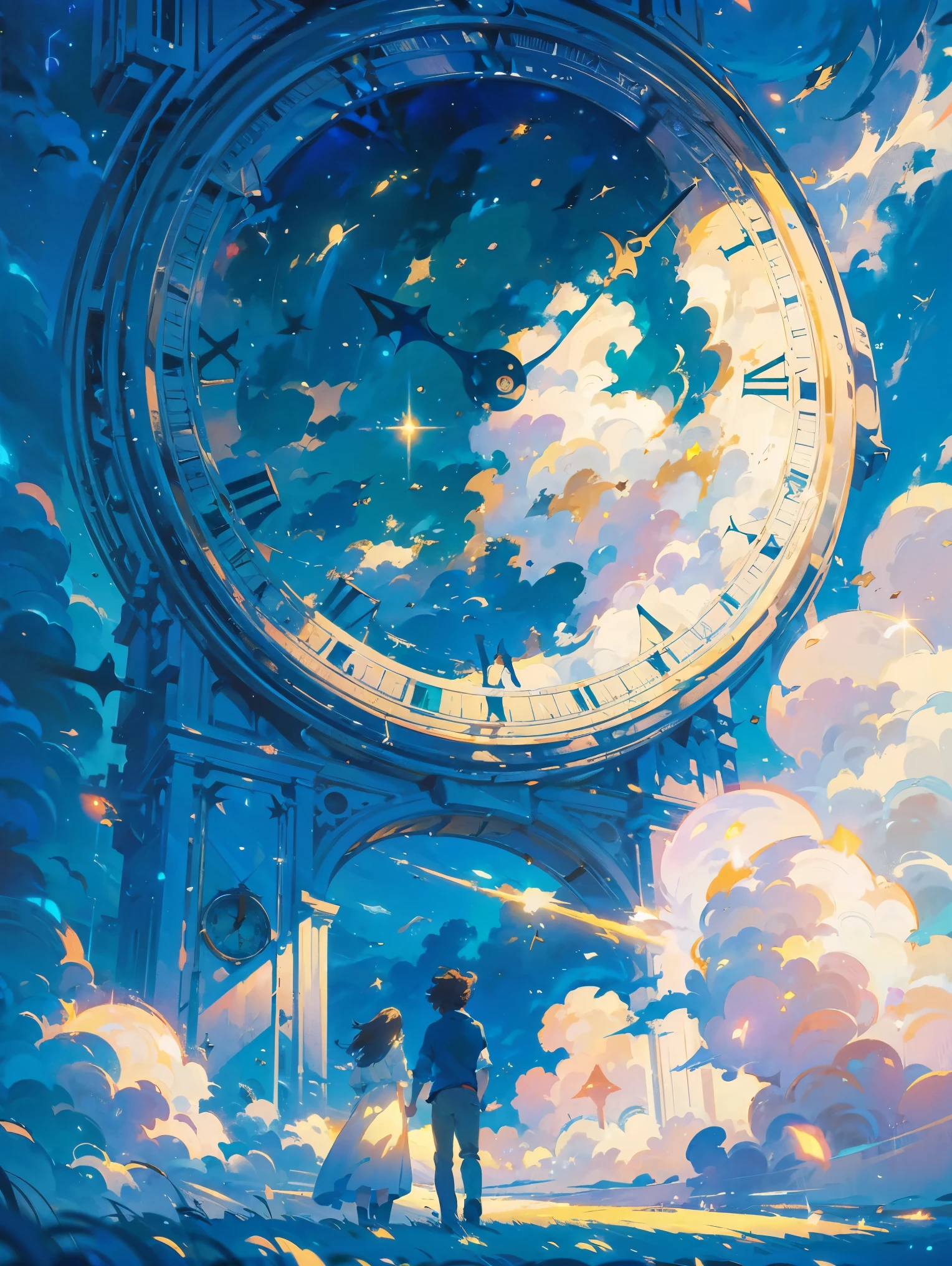  No human ，((Super-sophisticated clock standing in white cloud))，Green grass ，Beautiful Illustration , Makoto Shinkai cyril rolando, Makoto Shinkai.  Digital Rendering , in style of Makoto Shinkai, 受到Makoto Shinkai啟發, soft colors，dreamy colors，Scenery,mini elf tree to create a fantastic scene, High quality CG depicts a magnificent picture , Like a distant world ，Giant clock