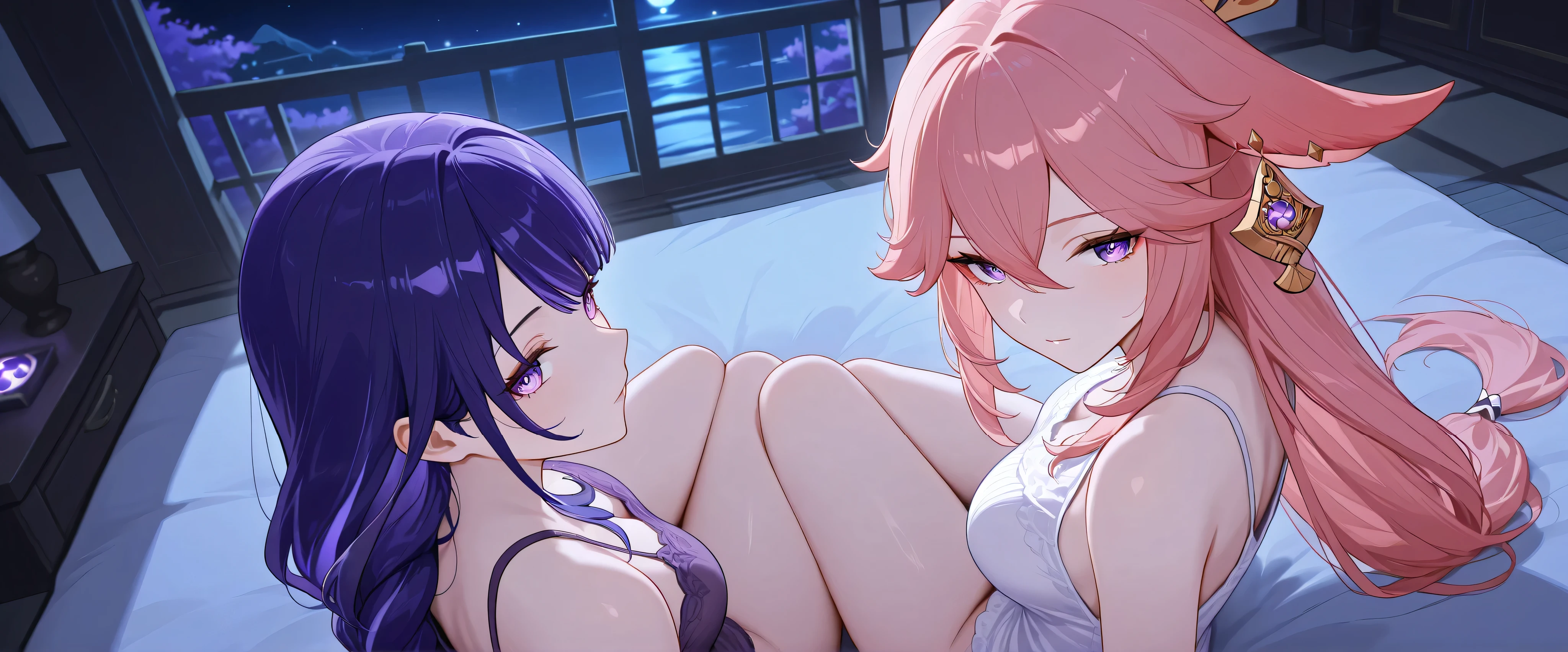 Raiden Shogun genshin impact, sleeveless, bedroom, night , looking at me, sitting, no panties , my POV , from above, looking at viewer , yae miko genshin impact, 2 girls , lesbian