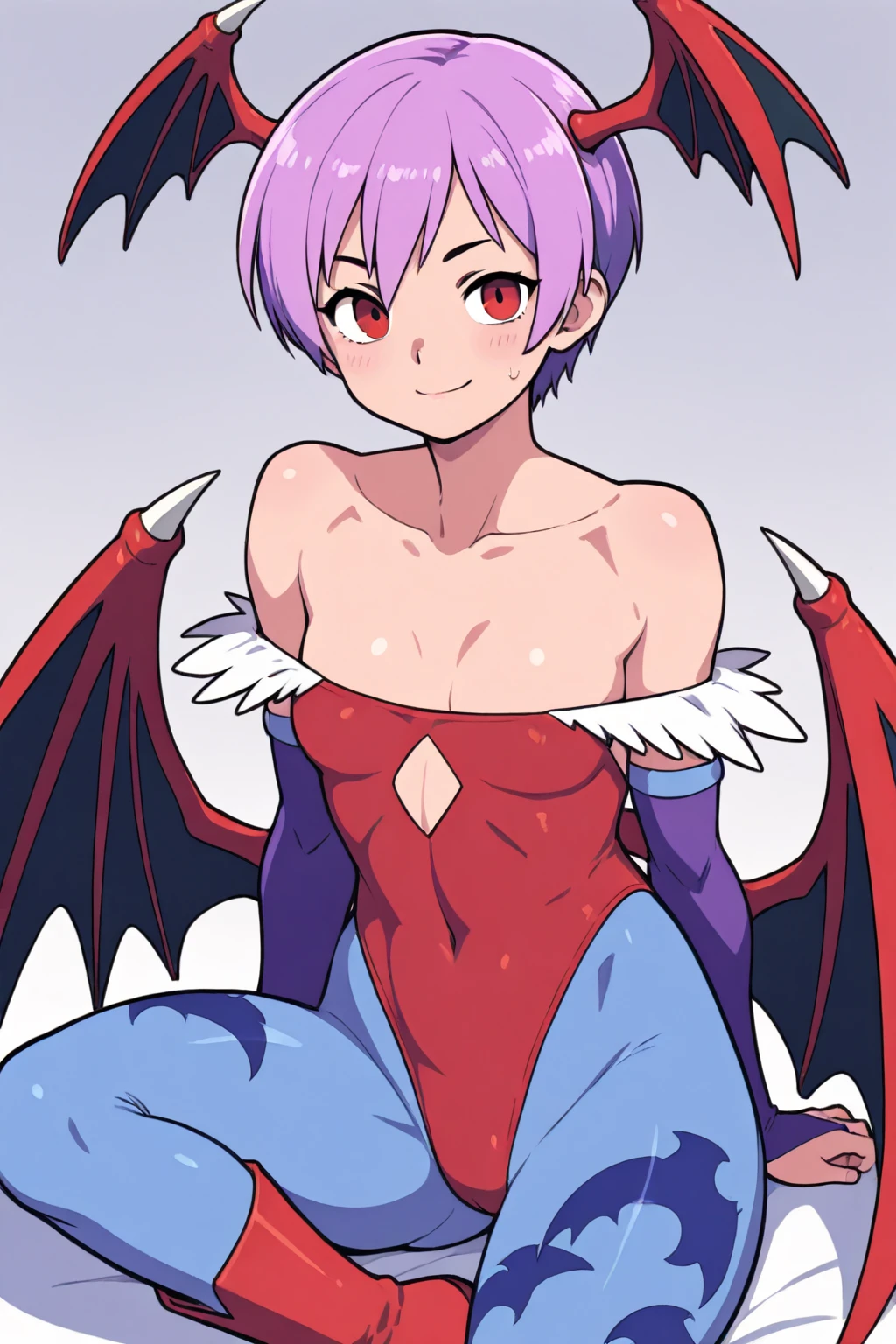 score_9, score_8_up, score_7_up, source anime, prefect lighting, very aesthetic, BREAK, anime coloring, 
<lora:lilith_darkstalkers_v2-pdv6:1>, 1girl, lilith_\(darkstalkers\), red eyes, purple hair, short hair,  
lilithout, red leotard, blue pantyhose, print pantyhose, bat print, bridal gauntlets, highleg, bare shoulders, diamond cutout, head wings, low wings,toeless legwear,
BREAK, looking at viewer, light smile,
BREAK,
