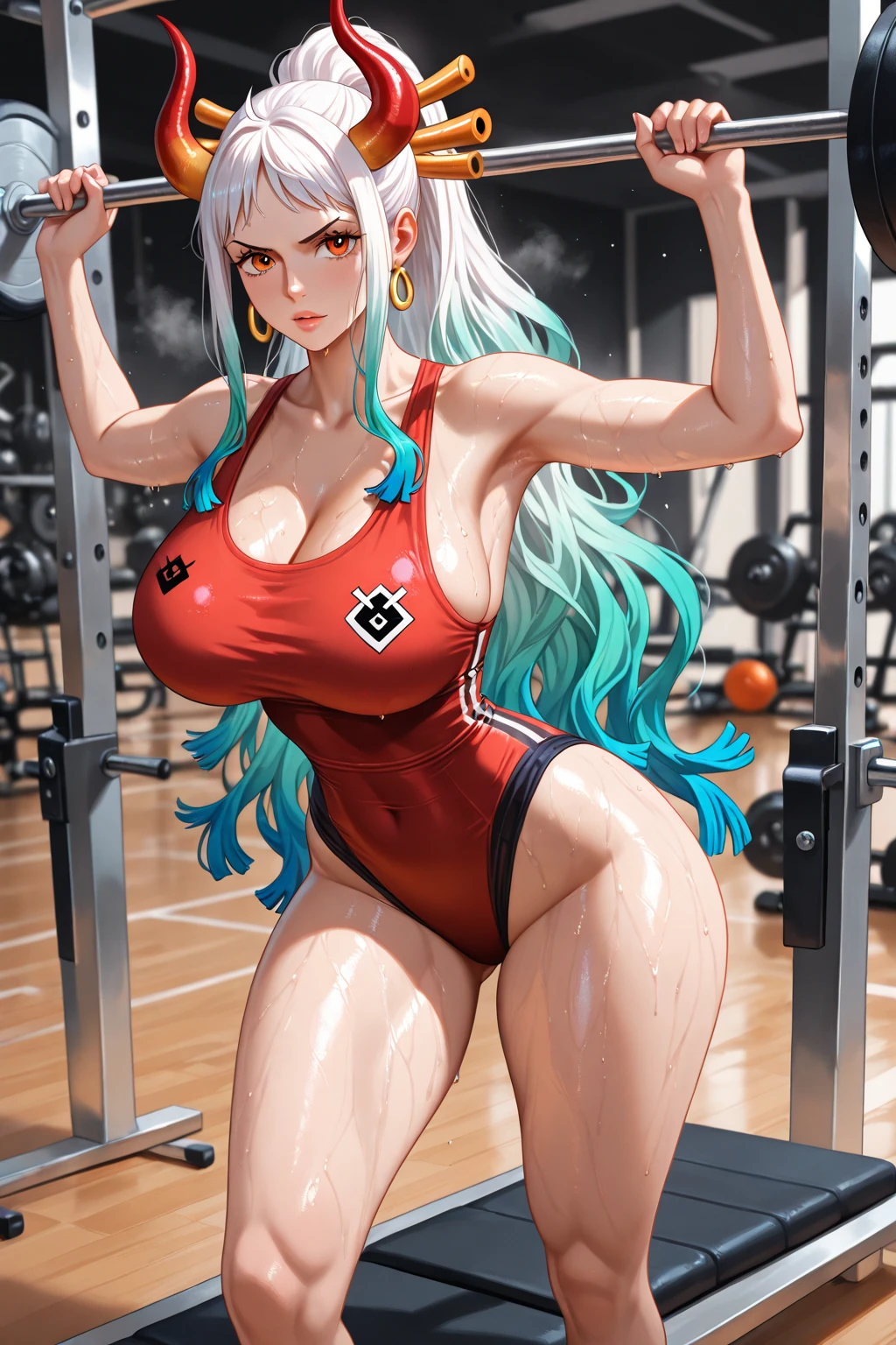 score_9, score_8_up, score_7_up, score_6_up,Expressiveh, masterpiece, high quality , plump lips, shiny lips, natural , tight cleavage,  wide , big , bubble , thighs, uncensored, detailed eyes,, perfect Hand , Hand perfection, solo, facing front of viewer, looking at viewer,
1girl, gym, , solo, eyes at viewer, looking at viewer, (facing front of viewer:1.5), red sports bra, black short shorts, tank crop top, midriff, aqua eyes
long hair, makeup, aqua hair, lipstick, long hair, high ponytail, hair ornament, hairclip
, upper body focus, gym, posing
<lora:incase-ilff-v3-4:0.2> ,<C1ub51ut <lora:Expressive_H:1>
<lora:add-detail-xl:1.1> <lora:reiq_style:0.2> <lora:officialpit_v2-8:0.45> <lora:mixplin3:0.45>
 <lora:sera:0.6>