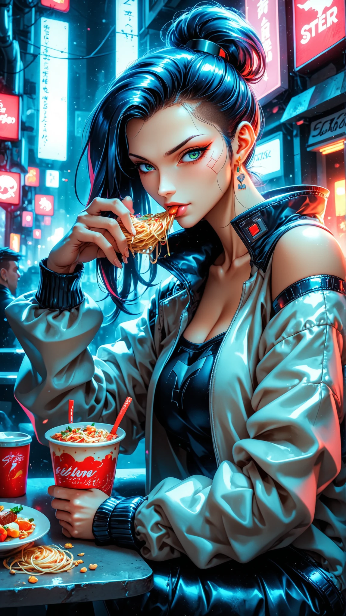 Create an image of a young beautiful woman named Elle. Elle is a bladerunner, sitting at a flying noodle soup shop and eating a noodle soup. in neon mega cyberpunk city. anime, cyberpunk, DB4RZ, DB4RZ style painting, in the style of cksc