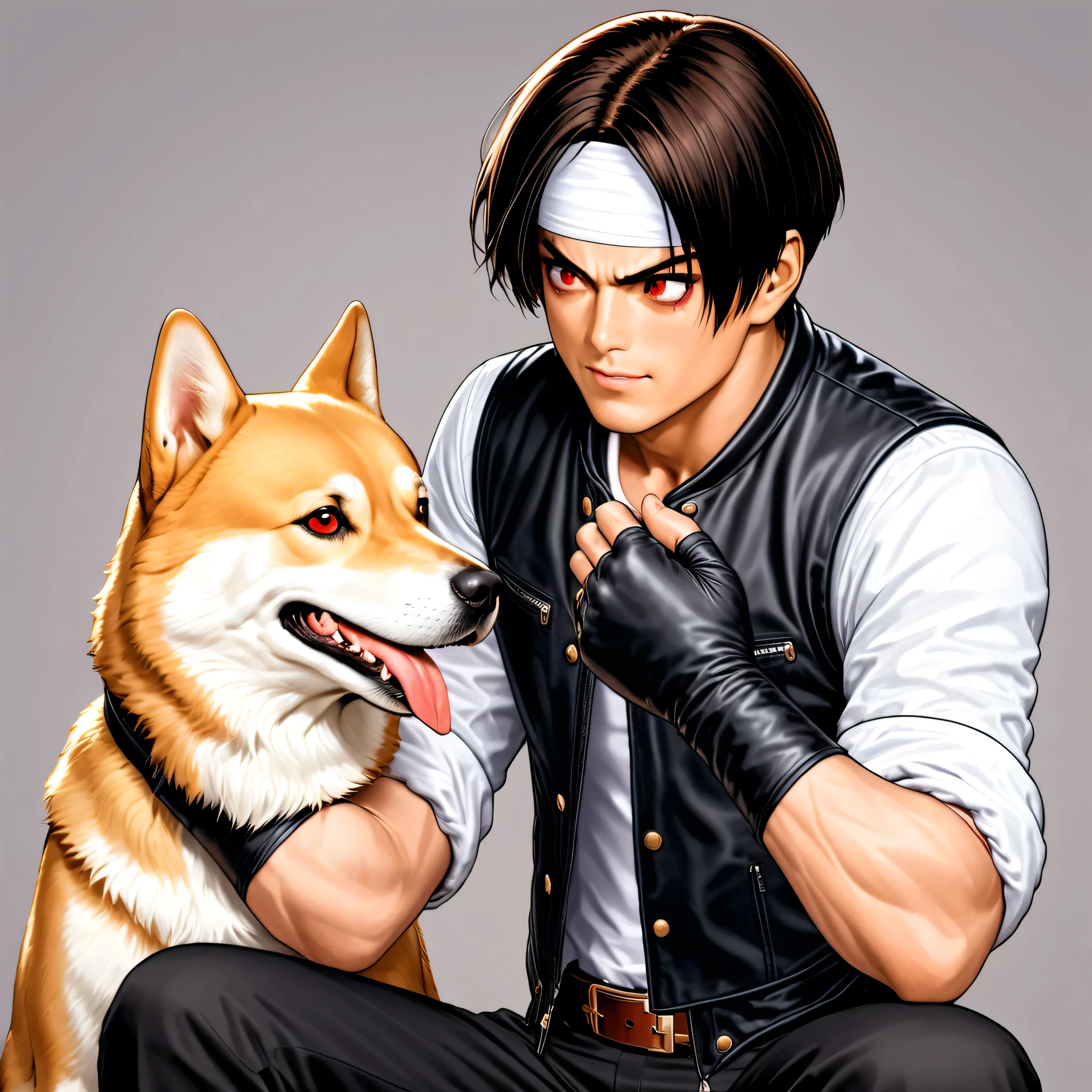 Masterpiece, top quality, detailed eye, 
More details XL, 

2 people, male & female, black hair, short cut, red eyes, with red eyes, between knees, 1 dog, sitting dog, 
Shiba Inu with hands
Dog looking at dog 
Dog licking girl's cheek, 
Dress in (black jacket with rolled up sleeves), fingerless gloves, white t-shirt, ((white headband)), black pants, white shoes, brown belt
(girl with ticklish expression), 