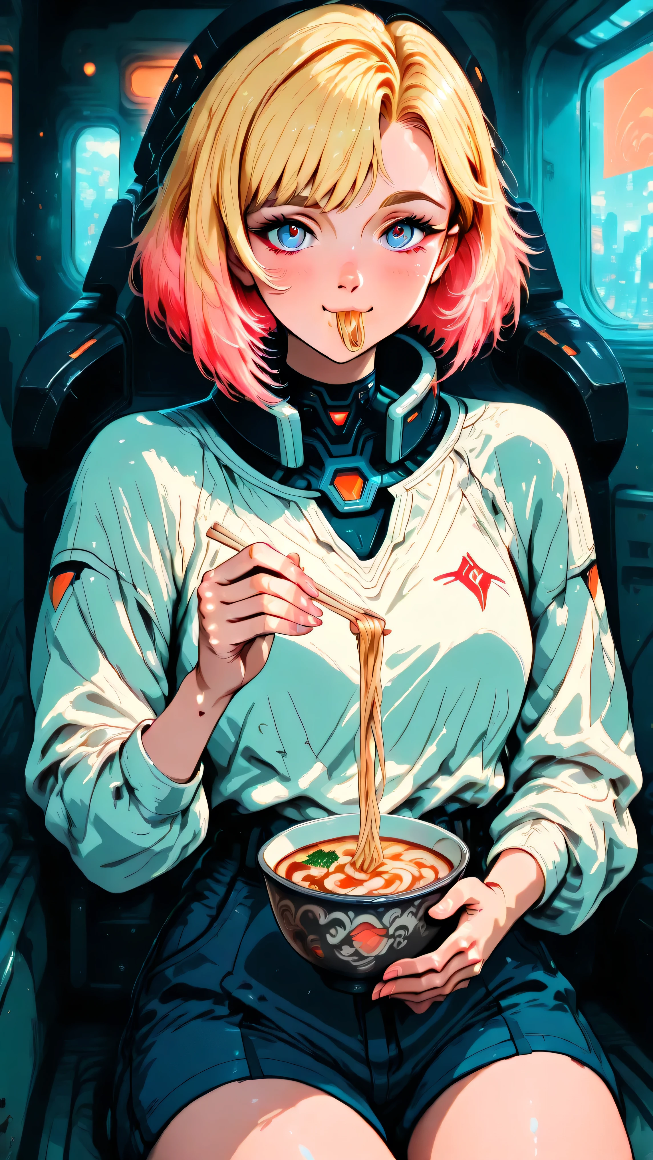 Create an image of a young beautiful woman named Elle. Elle is a bladerunner, sitting at a flying noodle soup shop and eating a noodle soup. in neon mega cyberpunk city. anime, cyberpunk, DB4RZ, DB4RZ style painting, in the style of cksc