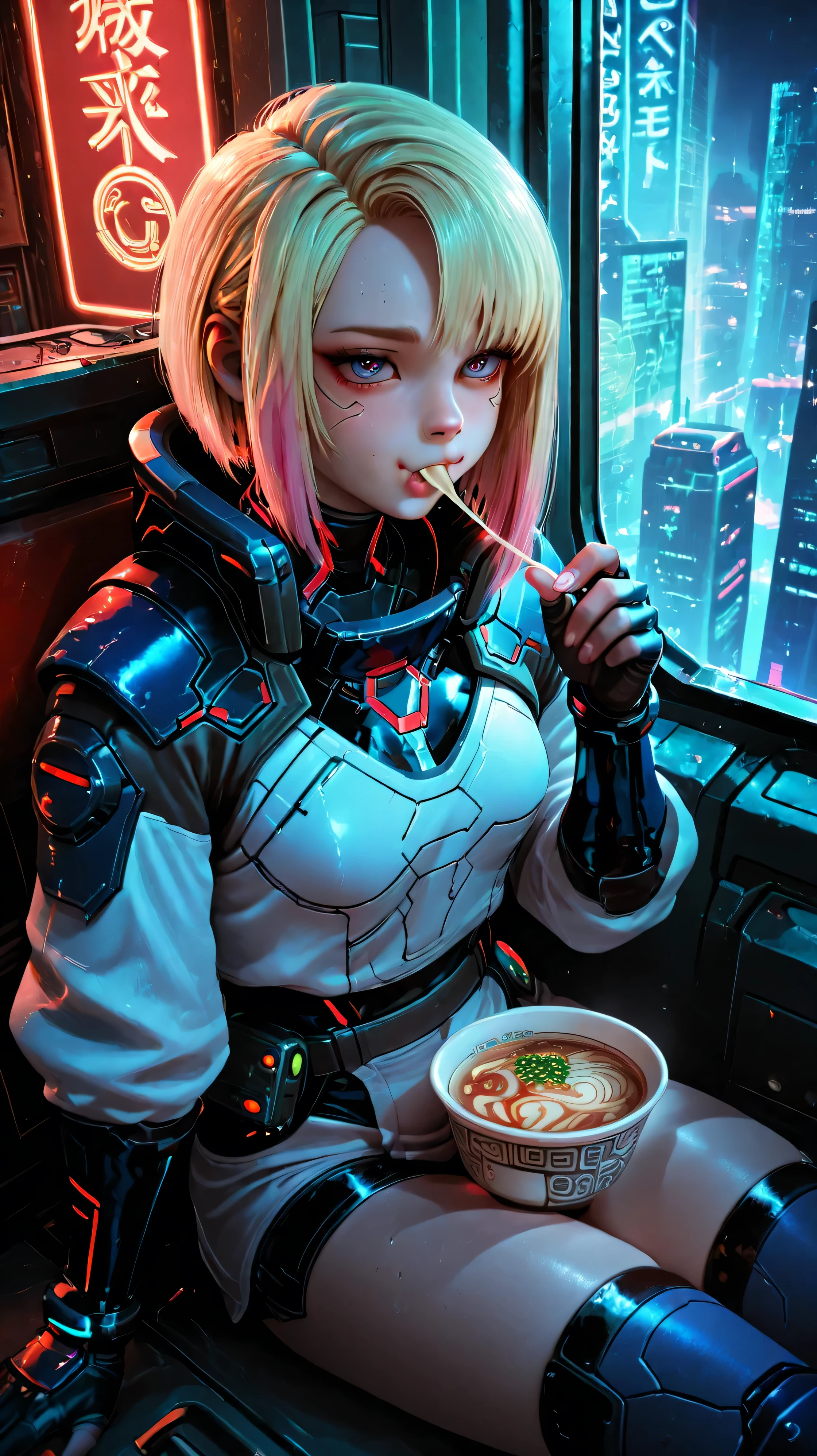 Create an image of a young beautiful woman named Elle. Elle is a bladerunner, sitting at a flying noodle soup shop and eating a noodle soup. in neon mega cyberpunk city. anime, cyberpunk, DB4RZ, DB4RZ style painting, in the style of cksc