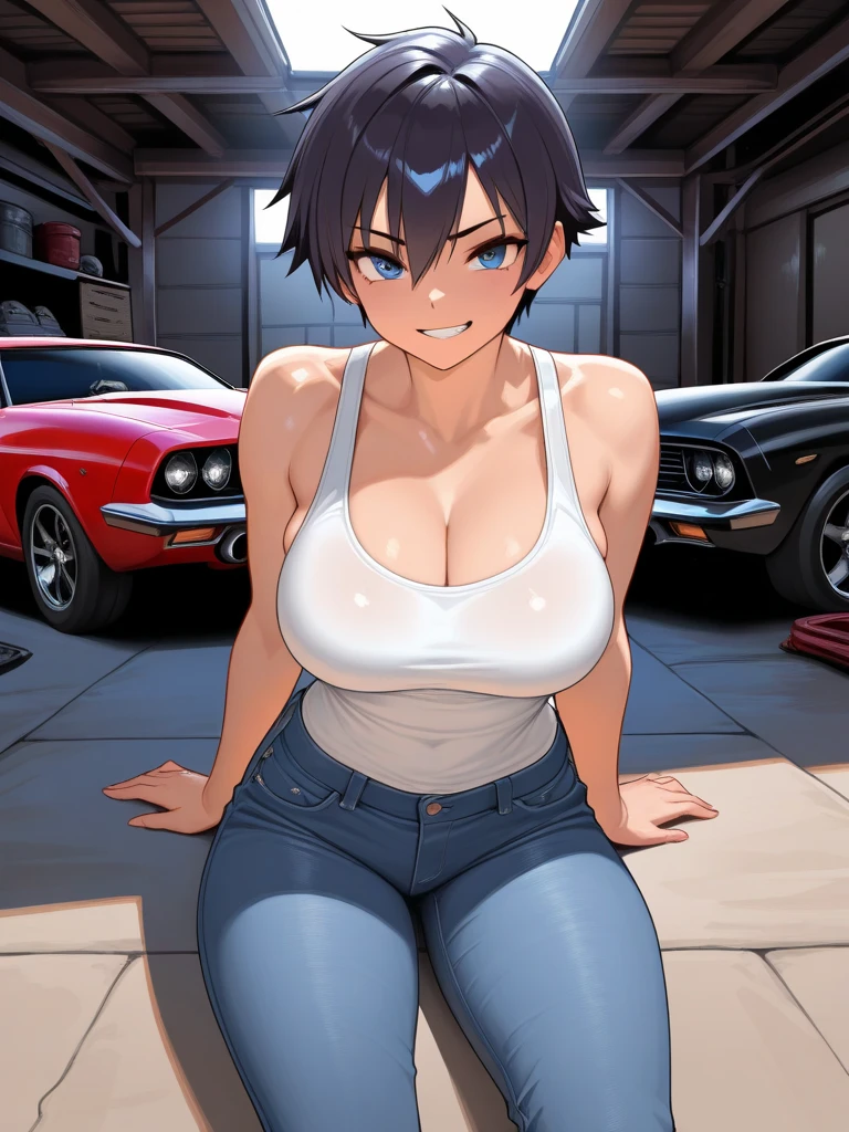 Highschool dxd, Xenovia, 1girl, (((bimbo))), short blue hair, yellow eyes, puffy lips, painted lips, thick lips, wide hips, thick thighs, big breast, huge ass, revealing cleavage, erotic, cute Smile face, bubble butt, camel toe, big Breasts, blue jeans, bra , sitting on car hood