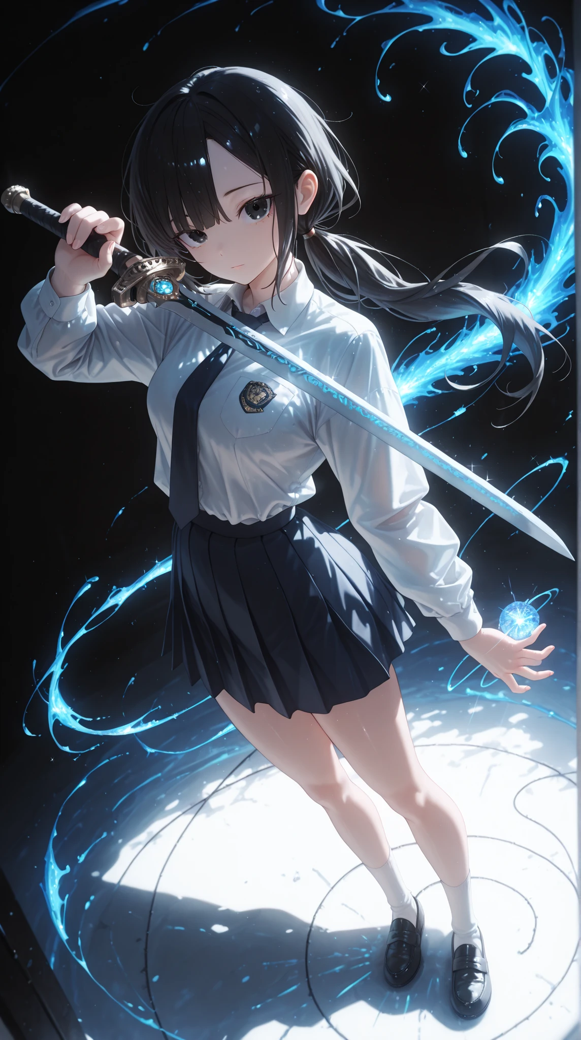 (IBG), ((((masterpieces)))), ((((top quality)))), (high resolution), (32K),
(매우 very detailed), (Best Illustration), (top quality), (Ultra HD),
(A fine and delicate face), (beautiful and delicate eyes), (beautiful detail eyes),
(Intricate Details), (very detailed), (ultra hd), (Perfect lighting), (Extremely precise CG),
(center of gravity), (perfect hands), (perfect hands가락), ( Perfect leg ),
(Smooth and Soft Skin), (absurdres), (Cinematic directing),
during soccer, alone, high school girl,
Slander body type, is tall,
black long straight hair, (Straight and long:1.5), (low ponytail:1.5), (Hair falling behind the shoulders:1.2),
(Hair follows gravity:1.3), (Neatly trimmed bangs:1.2),
(No asymmetrical bangs:1.3), (No hair tangles:1.3), (Hair doesn't move:1.2),
black eyes, (Fine, beautiful eyes),
Cool and expressionless impression,
Slightly smiling and vibrant eyes,
Long hair scattered lightly in the wind,
School uniform, White Y Shirt, Navy uniform skirt,
white socks, Loafer shoes ,
Holding a thin, long European sword in hand,
Dynamic angle, Close-up feeling,
Standing in front of the main school in the morning,
Lightly scattered in the wind,
Calm but determined posture,
full body, stand in the center ,
Feeling like it illuminates the surrounding air when laughing,
Effect {x} Creates a thin split in space and light seeps through gaps,
Natural light and delicate shadows,
Expression of a surreal space break.