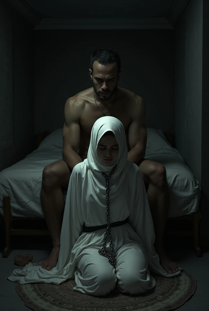 A dressed ugly man beating a pale skin kurdish girl in hijab  shoulder  arm breasts  in village room angry raged view from side full body slap 