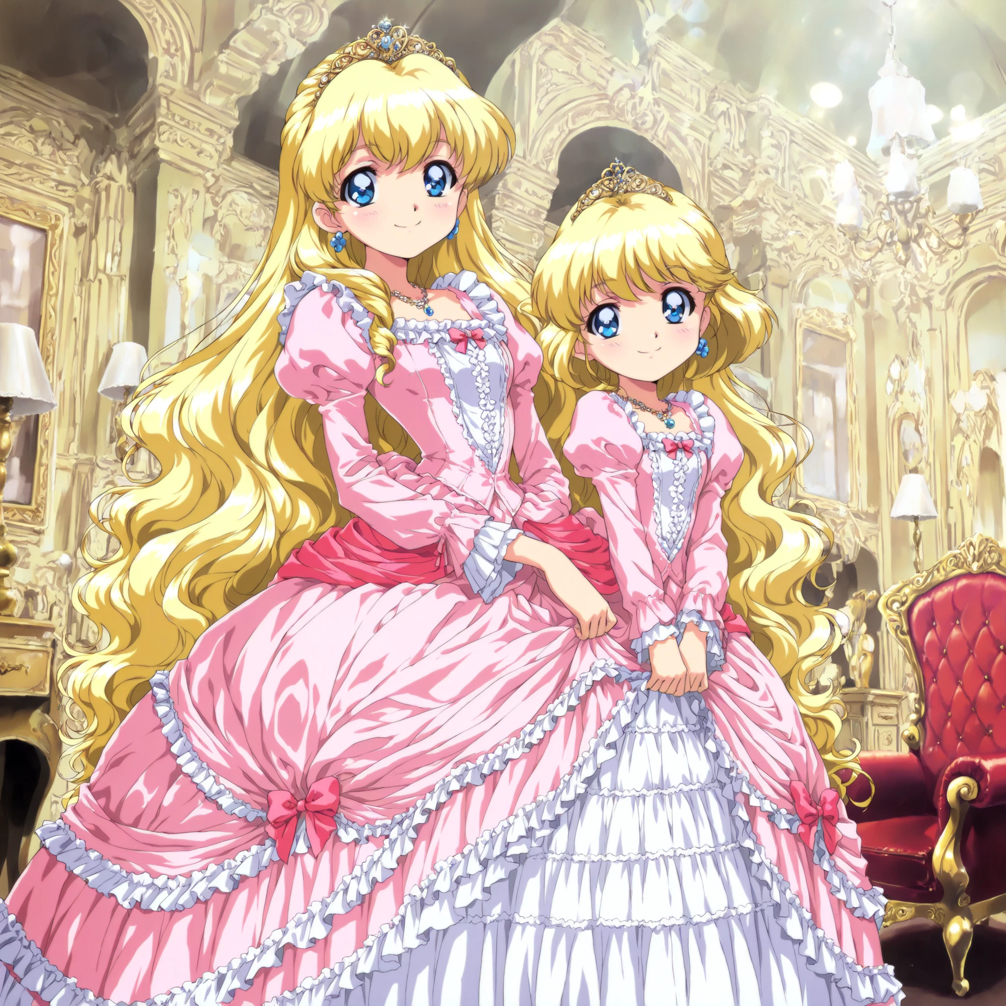 masterpiece, very beautiful, (Anime Coloring, anime screenshot with sticking out of hands), OFFICIAL ART, illustration, 1990's Anime Style,
1girl, masterpiece, Highest Quality, absurd, OFFICIAL ART, Official Style, Cute Princess, she's smiling,((pink silk satin victorian style large ball gown dress.:1.0)),((10 years old,Little Girl,short:1.2)),long sleeve,The dress is decorated with lots of ruffles and bows., have waist-length blonde wavy long hair,they wear a princess tiara on their heads,In a gorgeous European rococo palace,((luxurious living,Victorian Furniture,detailed background 1.0))