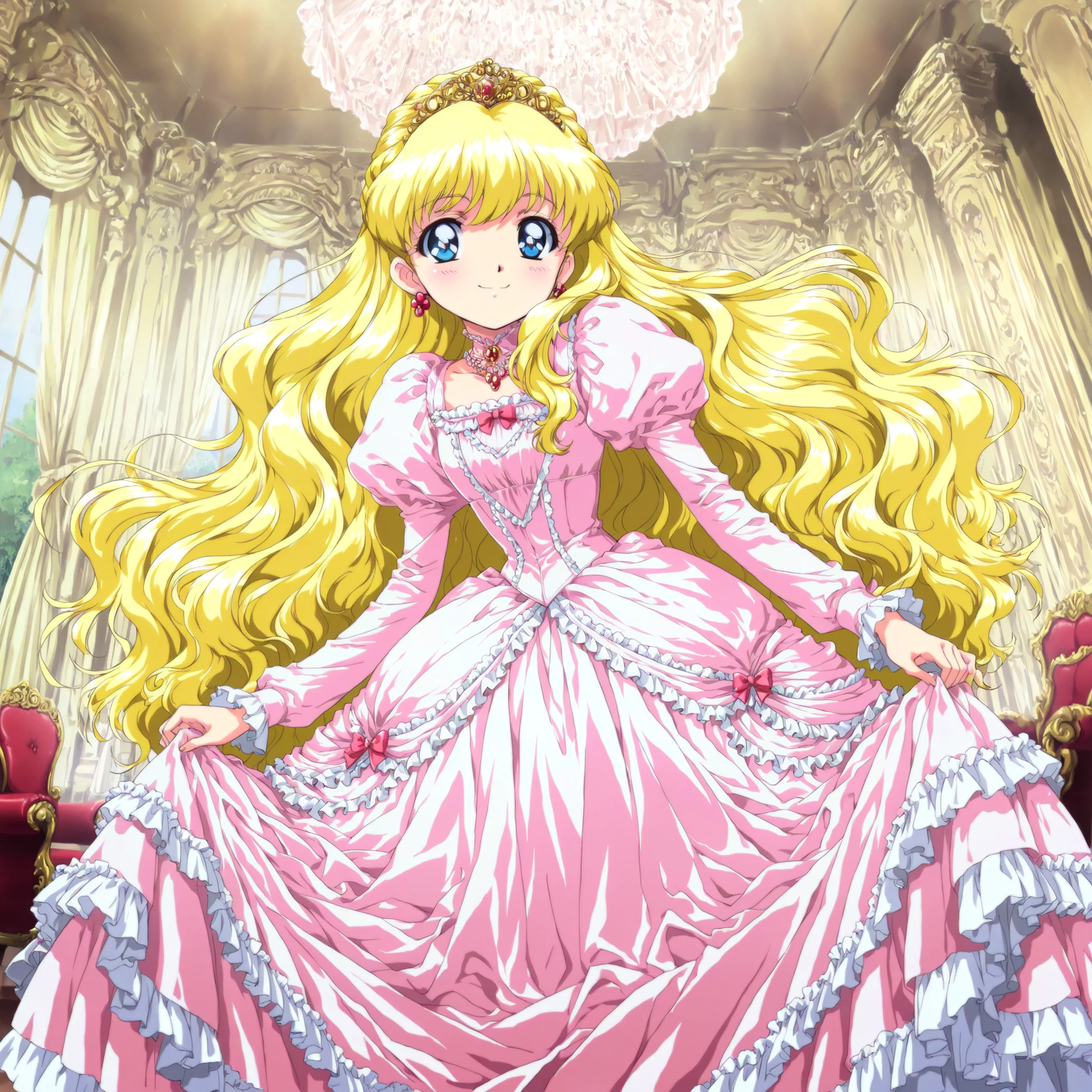 masterpiece, very beautiful, (Anime Coloring, anime screenshot with sticking out of hands), OFFICIAL ART, illustration, 1990's Anime Style,
1girl, masterpiece, Highest Quality, absurd, OFFICIAL ART, Official Style, Cute Princess, she's smiling,((pink silk satin victorian style large ball gown dress.:1.0)),((10 years old,Little Girl,short:1.2)),long sleeve,The dress is decorated with lots of ruffles and bows., have waist-length blonde wavy long hair,they wear a princess tiara on their heads,In a gorgeous European rococo palace,((luxurious living,Victorian Furniture,detailed background 1.0))