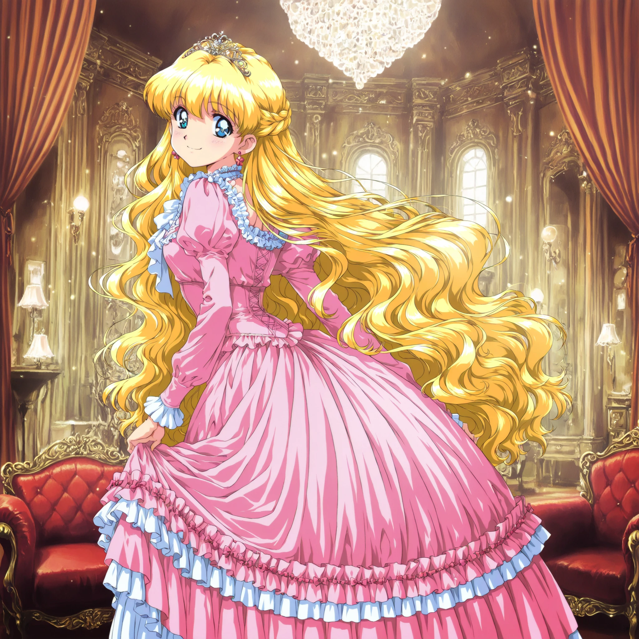 masterpiece, very beautiful, (Anime Coloring, anime screenshot with sticking out of hands), OFFICIAL ART, illustration, 1990's Anime Style,
1girl, masterpiece, Highest Quality, absurd, OFFICIAL ART, Official Style, Cute Princess, she's smiling,((pink silk satin victorian style large ball gown dress.:1.0)),((10 years old,Little Girl,short:1.1)),long sleeve,The dress is decorated with lots of ruffles and bows., have waist-length blonde wavy long hair,they wear a princess tiara on their heads,In a gorgeous European rococo palace,((luxurious living,Victorian Furniture,detailed background 1.0))
