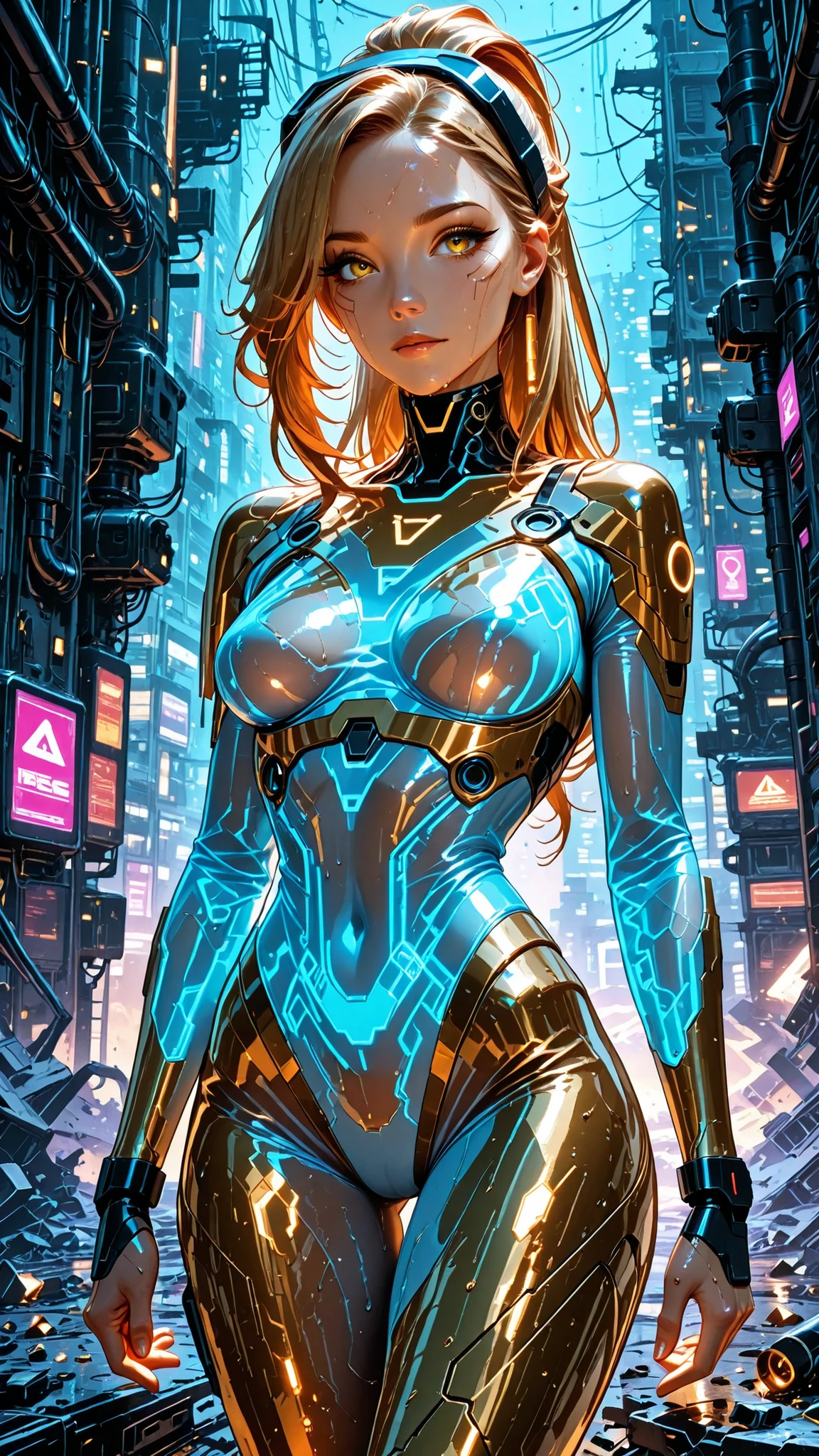 masterpiece, ultra detailed, best quality, 1 cyberpunk girl, mechanical augmentations, heterochromatic eyes (bright blue right eye, golden brown left eye), long curled eyelashes, glossy lips, beautiful black ponytail, slim athletic figure, see-through bodysuit, wet bodysuit effect, futuristic neon details, cybernetic implants, sweaty skin, shiny skin texture, glistening body, post-apocalyptic industrial background, scattered mechanical debris, neon lighting, cinematic atmosphere, motion blur effects, seductive pose, advanced technology elements, metallic reflections