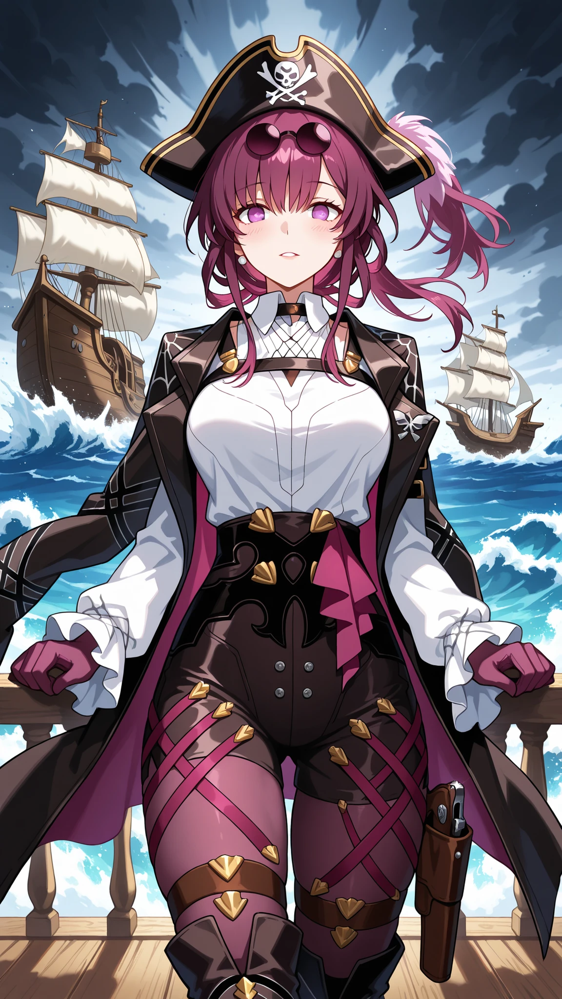 BREAK (masterpiece:1.2), best quality, high resolution, unity 8k wallpaper, (illustration:0.8), (beautiful detailed eyes:1.6),Wooden deck of an old pirate ship,  
waves crashing violently against the hull,  
sails torn and ropes whipping in the wind,  
dark storm clouds above,  
anime cinematic scene, dramatic and detailed,kafka, eyewear on head, round eyewear, purple eyes, purple hair, long hair,Detailed design of female pirate outfit,  
tricorn hat with feathers,  
long leather coat with golden embroidery,  
corset with belts and straps,  
flowing white blouse,  
layered skirt with torn edges,  
high boots under the skirt,  
cutlass and pistol holsters on the belt,,blush,looking at viewer,cowboy shot,