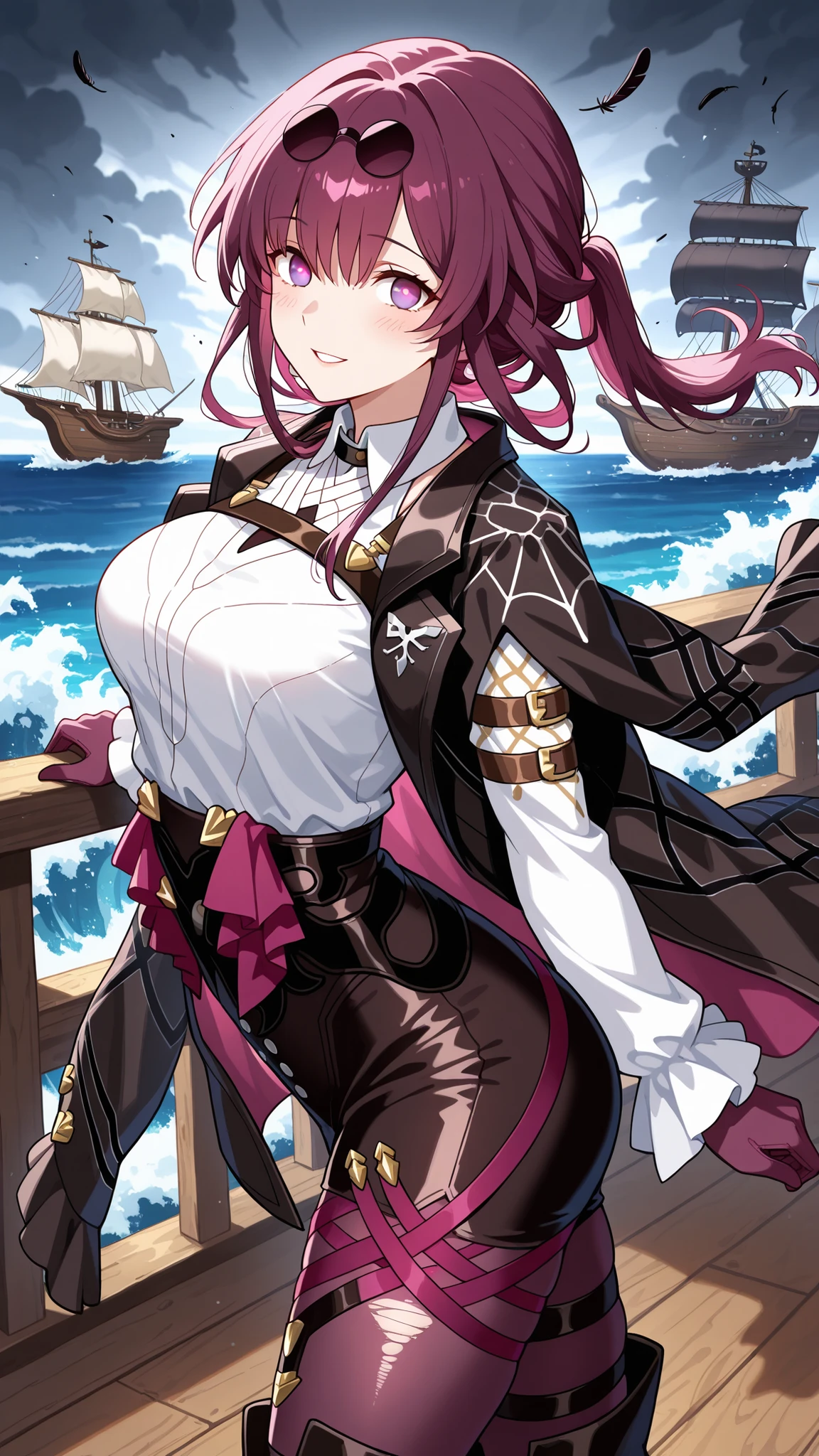 BREAK (masterpiece:1.2), best quality, high resolution, unity 8k wallpaper, (illustration:0.8), (beautiful detailed eyes:1.6),Wooden deck of an old pirate ship,  
waves crashing violently against the hull,  
sails torn and ropes whipping in the wind,  
dark storm clouds above,  
anime cinematic scene, dramatic and detailed,kafka, eyewear on head, round eyewear, purple eyes, purple hair, long hair,Detailed design of female pirate outfit,  
tricorn hat with feathers,  
long leather coat with golden embroidery,  
corset with belts and straps,  
flowing white blouse,  
layered skirt with torn edges,  
high boots under the skirt,  
cutlass and pistol holsters on the belt,blush,looking at viewer,cowboy shot,arched back,excited face,