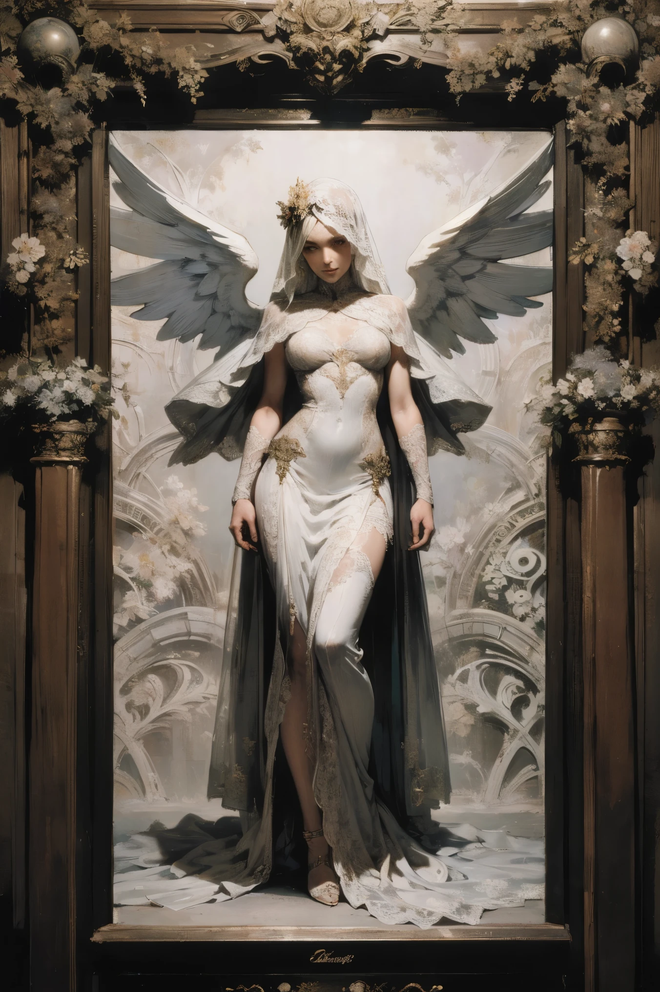 Mucha art style, masterpiece, (front focus), portrait of a surrealist woman, fantasy art , Realism, Dynamic Lighting, art station , poster, volumetric optics and tonfers , Very elaborate face , Dark Eyes, eyeliner ,4K, award , 1 Girl, alone, discreet , Full Body Shots , (Formal Wear: 1.4, white lace dress ), blonde hair ,Lac34rmor , wite lace veil cap, angel wings, aiming a balance scales at above, Blindfold, (Lady Justice;1.2),Scene of heibaidiao , silhouette, light and shadow,Sword stuck in the ground