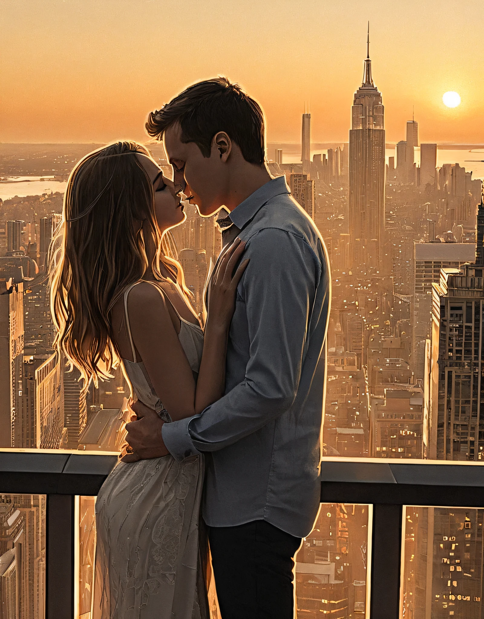 A loving couple standing close together, tender embrace, their silhouettes gently leaning against each other, warm intimate moment, hand-drawn illustration style, detailed architectural cityscape background with flowing sketched lines, urban environment with skyscrapers and city lights, soft evening atmosphere, delicate line art, muted color palette with touches of warm golden light, romantic mood, architectural details in background, artistic urban sketch style, light post-processing, detailed line work, high quality illustration, soft lighting
