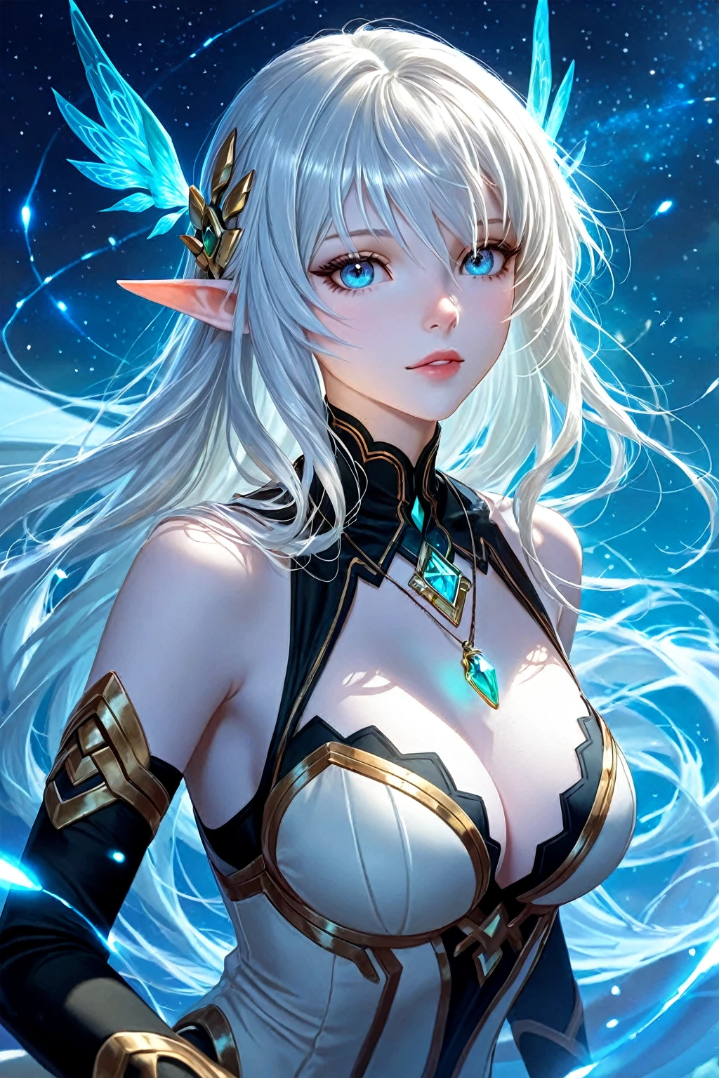 fantasy world that combines flower-punk and gem-punk, beauty elf, blonde silky straight hair with blunt bang, (attractive and ) and (amorous and ) expression, blue big eyes, glamorous proportions, wearing white knight commander costume with a large opening at the , background iridescent Tiffany Blue, distorted space from another dimension, conceptual installation art, (ultra detailed, absolutely resolution, best quality:1.3), 2.5D, delicate and dynamic effects, foggy filter effects, iridescent glitter effects, artistic, hyper, graphic CG digital fantasy art