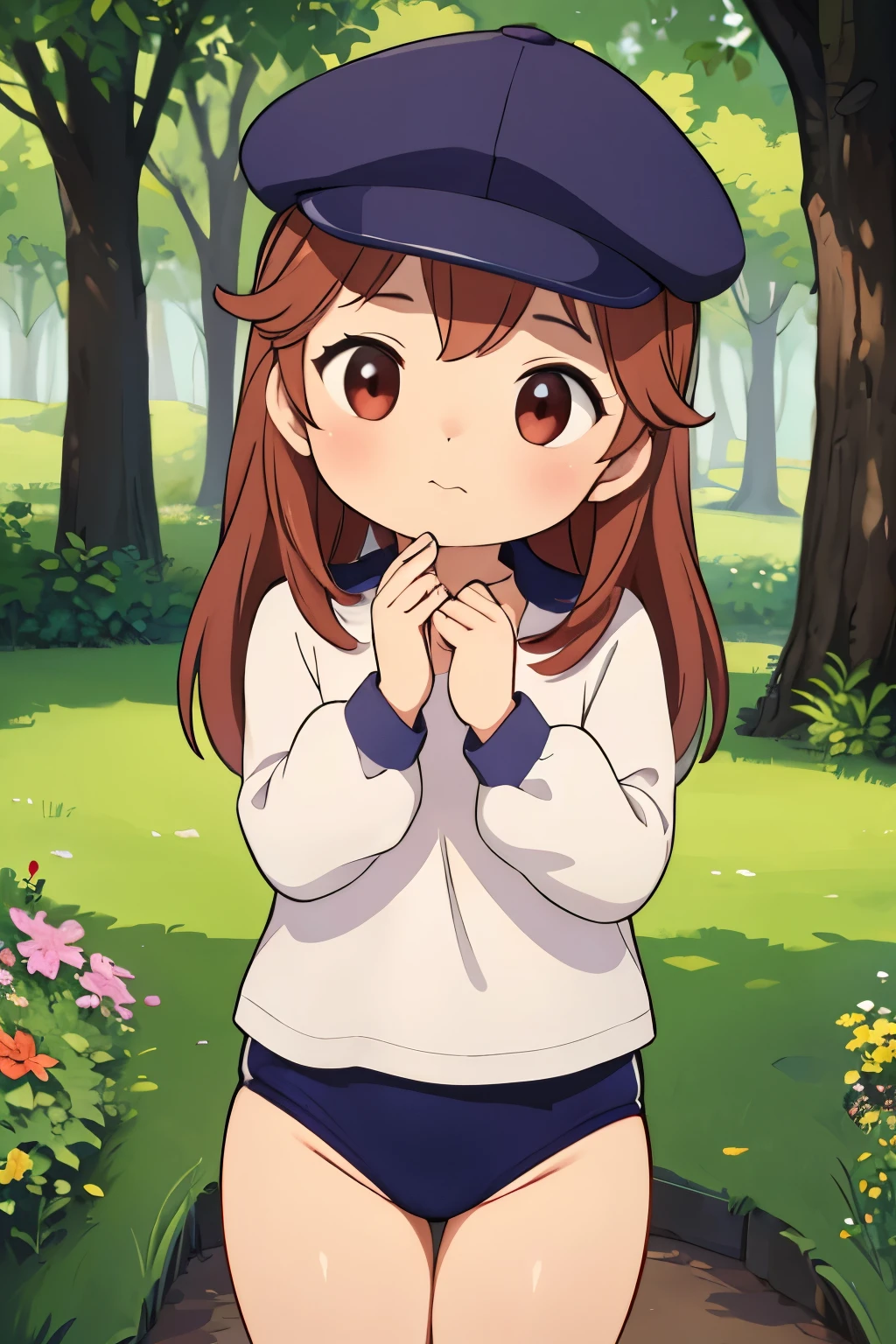 (masterpiece, highest quality), 1 girl, beautiful face, beautiful body, wearing a Black gymnastics bloomers, High leg、white blouse, cowboy shot、Are standing、full body portrait、alone, complex details, enlarged textures, complex details, finely detailed eyes and detailed face, intricate details, (closed mouth), perfect eyes, equal eyes, perfect body, extremely detailed, (), extremely realistic 3d,In a dark forest、cap,long violate hair,Grass