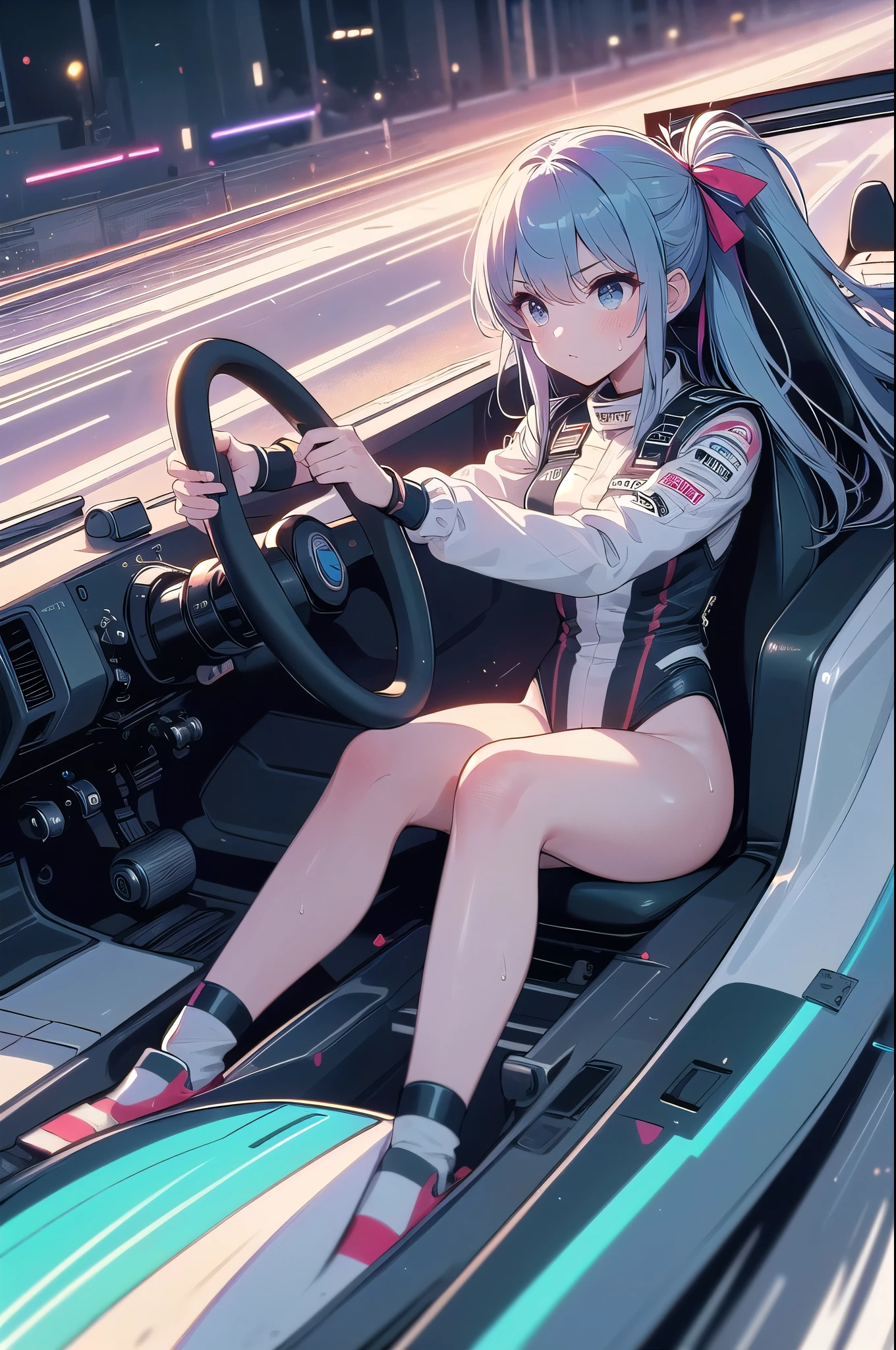 (((masterpiece))), (((best quality))), (((from front))), ((driving a formula racing)), ((fingers on steering wheel)), sitting on driver's seat, sharp eyes, black high leg leotard, (((speed lines))), ((electricity)), ((neon lights)), solo, 1girl, big , longhair, sweat, slim figure,