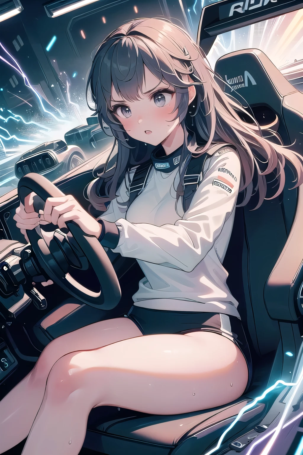 (((masterpiece))), (((best quality))), (((from front))), ((driving a formula racing)), ((fingers on steering wheel)), sitting on driver's seat, sharp eyes, black gymnastics bloomers,high leg ,white blouse, (((speed lines))), ((electricity)), ((neon lights)), solo, 1girl, big , longhair, sweat, slim figure,