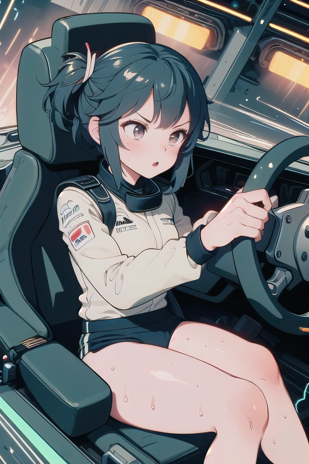 (((masterpiece))), (((best quality))), (((from front))), ((driving a formula racing)), ((fingers on steering wheel)), sitting on driver's seat, sharp eyes, black gymnastics bloomers,high leg ,white blouse, (((speed lines))), ((electricity)), ((neon lights)), solo, 1girl, big , longhair, sweat, slim figure,