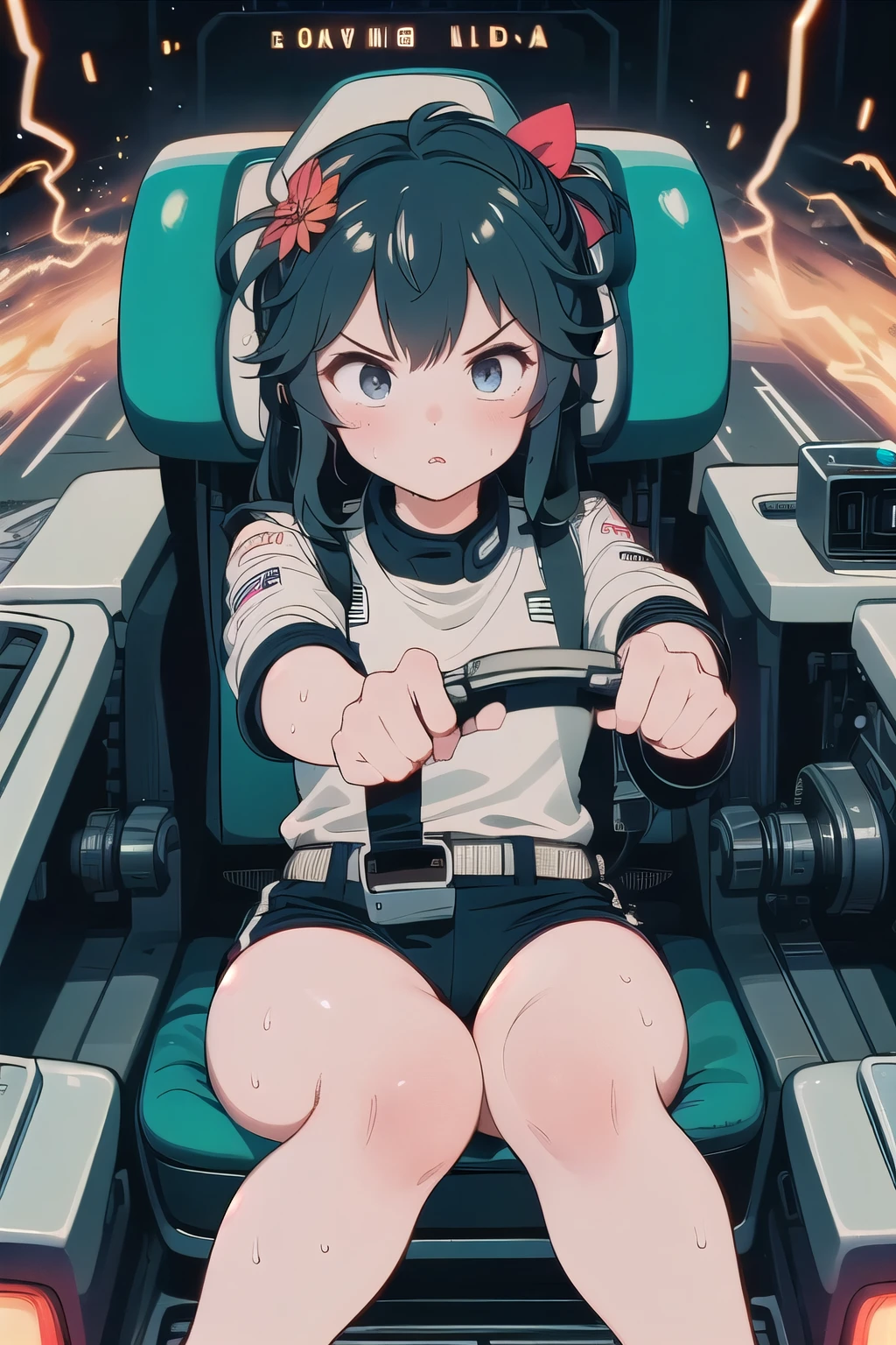 (((masterpiece))), (((best quality))), (((from front))), ((driving a formula racing)), ((fingers on steering wheel)), sitting on driver's seat, sharp eyes, black gymnastics bloomers,high leg ,white blouse, (((speed lines))), ((electricity)), ((neon lights)), solo, 1girl, big , longhair, sweat, slim figure,