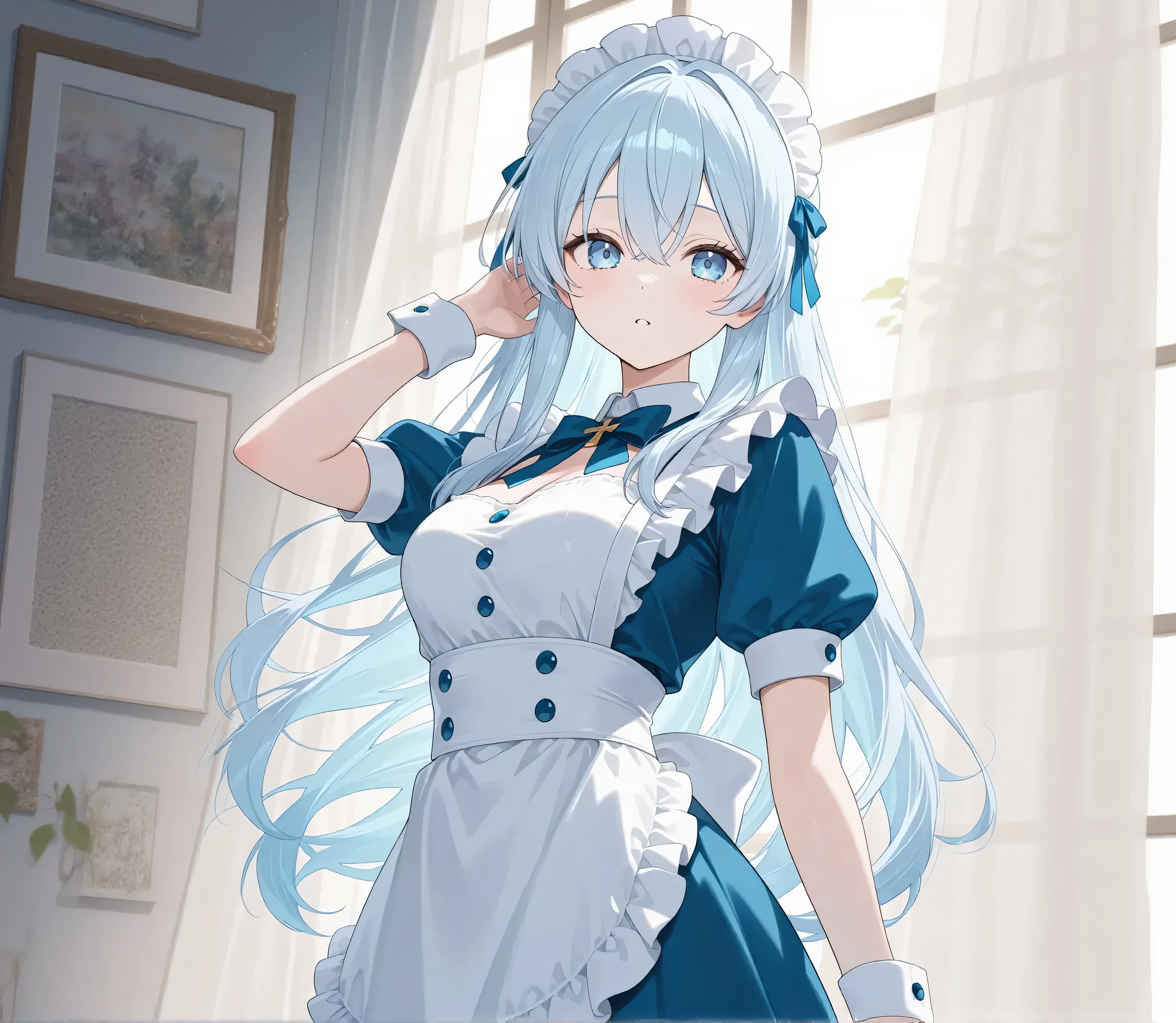 Anime girl with blue hair and blue eyes sitting on a bed - SeaArt AI