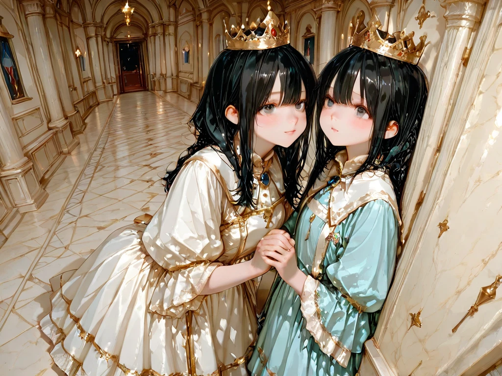 Dramatic composition, court-style dresses, royal, gorgeous, cascading frills, ruffles, bows, crystal chandeliers, Roman curly hairstyles, ponet, double ponytails like drills, look at the camera, bangs, maximalism, palatial background, delicate portrayal of hair and eyes, princess dresses, gorgeous skirts, flowers in hand, smiles, starry eyes, cinematic light, extreme detail, high definition, happy girl, very long hair, diamonds, broken diamonds, crystal fragments, light particles