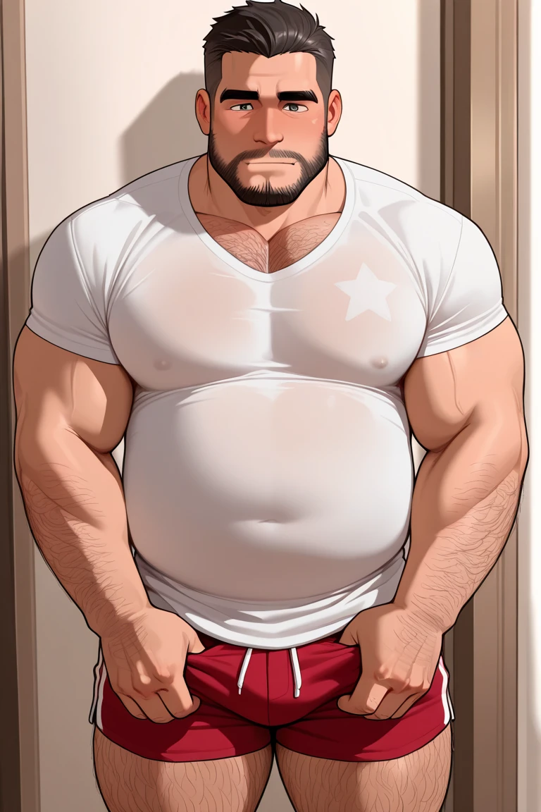 Just chubby plump extremely thick thighs (melhor qualidade,4K,8k,high resolution,obra de arte:1.2),ultra-detalhado,realista:1.37,homens,grown-up homens,old homens,fat white muscular homens,cabelo da barriga,large bulges,pants,camisa xadrez,barba,nojento,60-year-old homens,family,pai,barriga de urso,terno de abertura. Sentado na cama.apenas usando sunga no corpo.