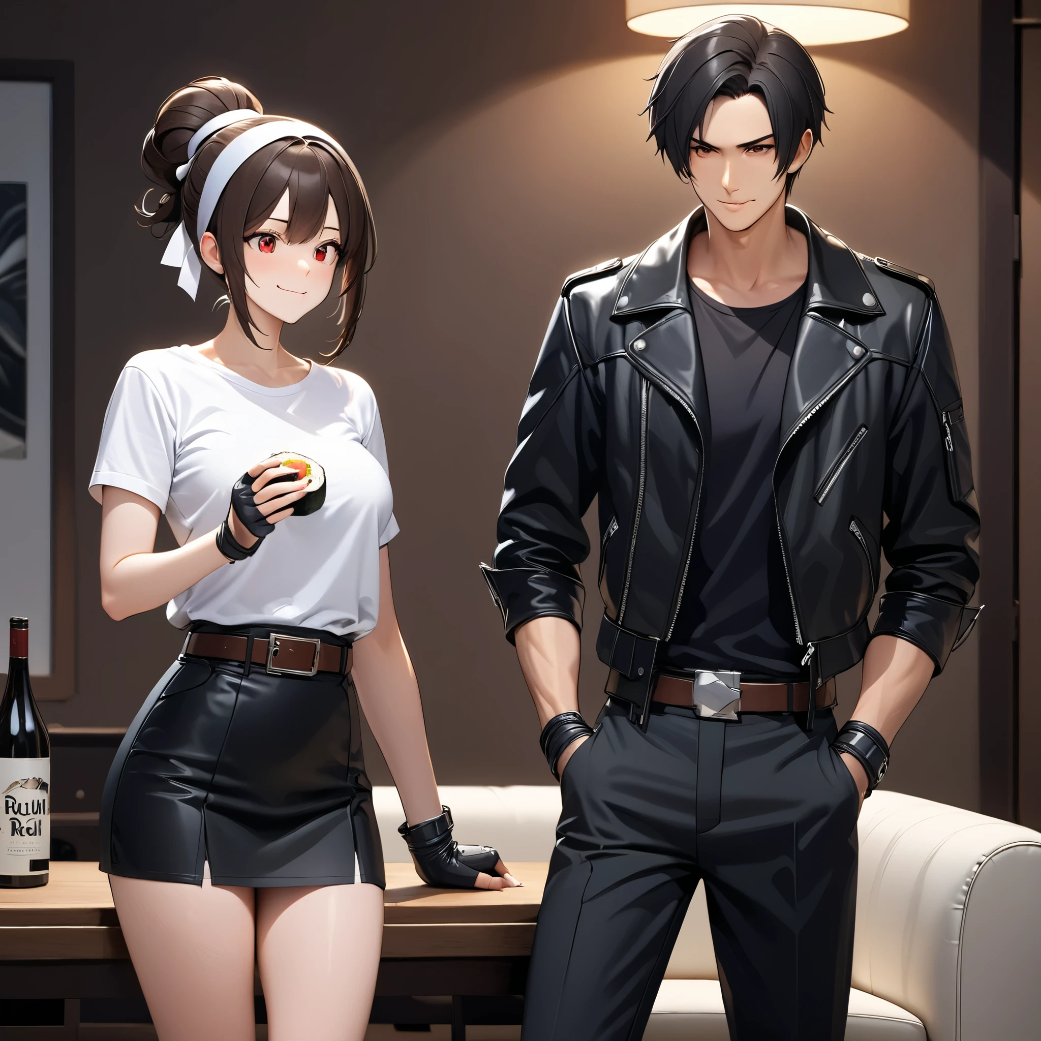 couple, male and female, masterpiece, top quality, aesthetic, flat style, red eyes, smile, short cut, black hair, brown skin, hair accessories, ((eating thick sushi rolls)), male and female hairstyle and clothes ((black leather jacket with rolled up sleeves)), open jacket, black fingerless gloves, white T-shirt, (( white headband )), black pants, brown belt, black socks, very aesthetic, two men and a woman,, masterpiece, top quality, amazing quality, masterpiece, top quality, details XL, indoor, living room,. Depth of field, Blurred background, Absurd, Very Aesthetic, Cute, Blurred black background