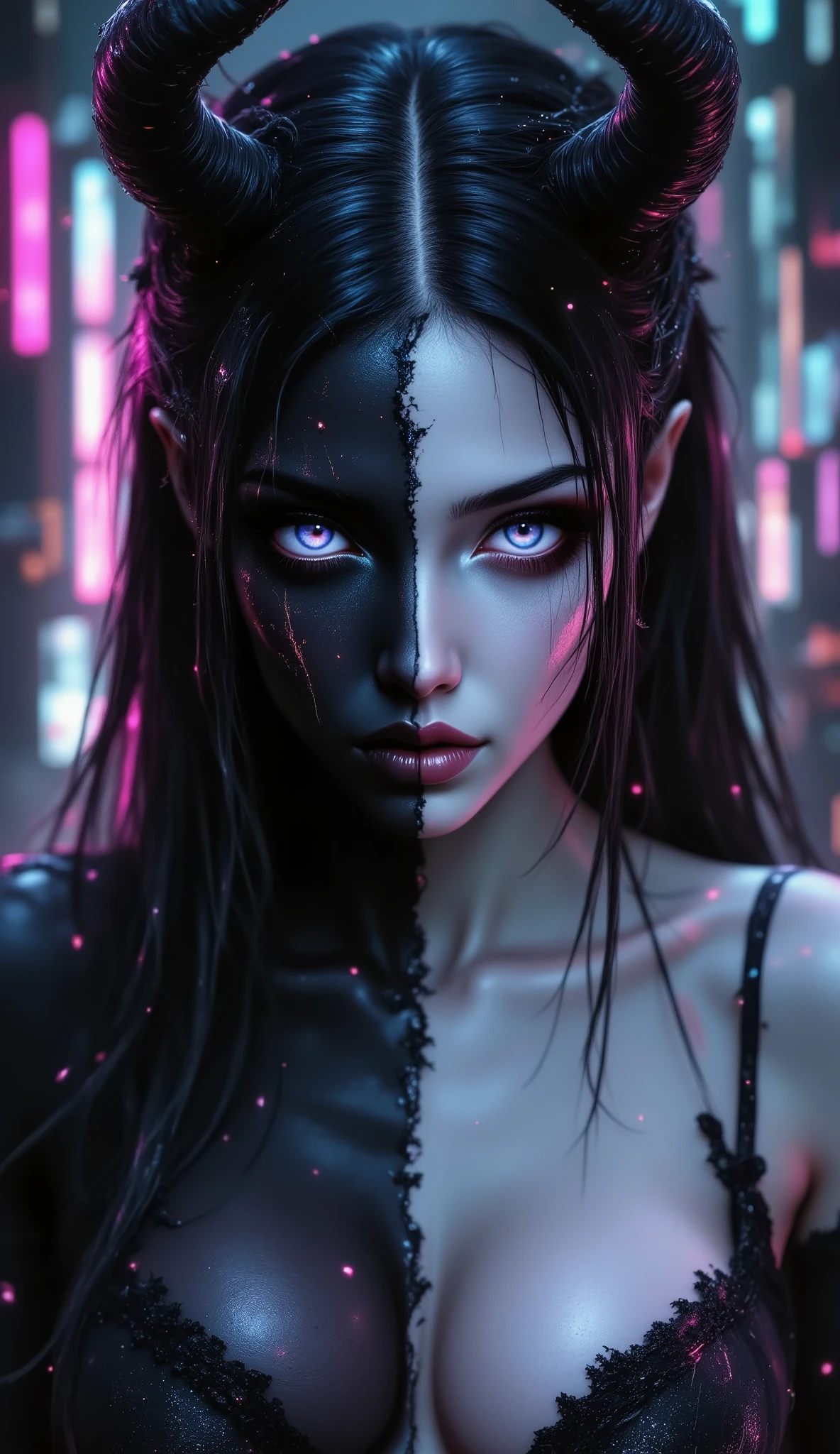 masterpiece, ultra-HD, cinematic lighting, photorealistic, impressionism, high detail, dramatic lighting, best quality, very aesthetic, 8k
simple pastel background, colored lights, rakugakingu, portrait, night, Flatline,
Flat vector illustration, haiz_ai, chromatic aberration,
high detail:1.2), perfect eyes, perfect hands, BREAK
1 femboy, trap, otoko no ko, long ears, tiefling, horns, split color, left half pure black skin, right half pure white skin, left eye pure white, right eye pure black sclera, long tail, claw hands, no pupils, black markings on right half, white markings on left half, symmetrical, left hair pure white, right hair pure black, upper half focus, black and white background, dramatic background, black and white lips split vertically, fantasy, ((eclipse background:1.2)), directly facing viewer, looking at viewer, no irises,
BREAK masterpiece, (best quality:1.1), very high detail, hyperdetailed, high resolution, super detailed skin, Highly Visible, 12k,