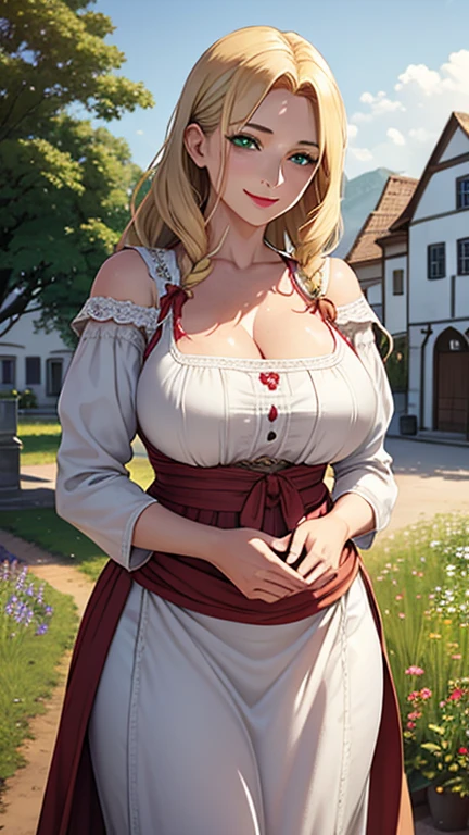 (hyper realstic)、Ancient Farmer Woman、Women's Agriculture、(Wearing flesh-colored fabrics)、
immensity　Beautie　high-level image quality　hight resolution　Realistic、a blond、blond woman in a、A MILF、Middle-aged woman、((Big big))、detailed skin textures、超A high resolution、Wearing flesh-colored fabrics、Realistic、Voluptuous body shape、A smile、Middle-aged beauty、Beautiful expression、Detailed green eyes、long fluffy hair、A smile、Very delicate and detailed skin texture、45 Ancient Peasant Women、((Being in the village square))、Women's Agriculture、Large cleavage、Large open neckline、big red lips、(Wearing flesh-colored fabrics)、