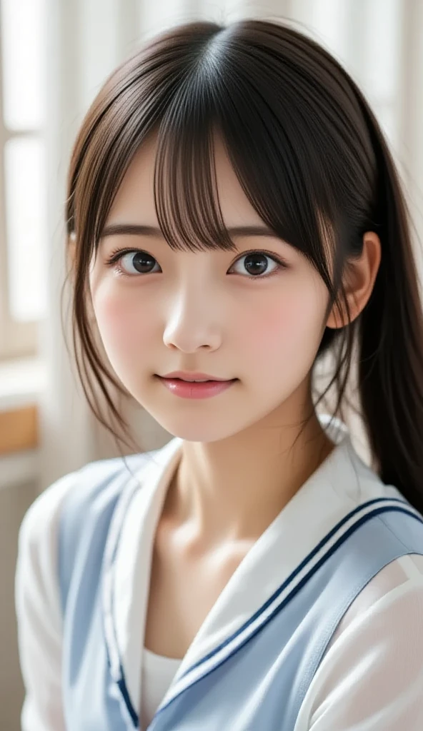 (1 Girl )、(Beautiful Japanese、18years old,round face、Refreshing、clear、seems kind、stylish、Pitiful、cute like an angel、cute、black eyes、(Single eyelid:1.6)、Beautiful skin), {(Japan human face:1.4),(General  features)} , (((Beautiful :0.4))),(((soft ))),(very cute),(short hair),(enchanting eyes),(highlight on eyes:1.2)、(8K、Live shooting、highest quality、masterpiece:1.2、optimal lighting)、((masterpiece)),(Photo taken by a professional photographer),(real、photo real:1.4),BREAK,{(cute Japanese high school sailor uniform),((traditional Sailor Suit:1.0))},(cheeks are red:1.3), BREAK, BREAK,Face shot:1.3、 face close-up,Looking at viewer,smile、Japan,morning、Summer、from above、Japanese high school classroom,(((1970s vibe)))