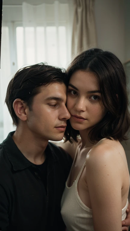 beautiful girl with dark brown hair hugging with short black haired man