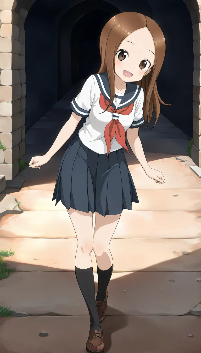 {{{masterpiece}}}, (best quality:1.5), (ultra-detailed:1.5), {illustration}, {{an extremely delicate and beautiful}}, (beautiful detailed eyes:1.6), absurdres, highres, extremely detailed face, 16k, hd, visual anime de uma jovem mulher, extremamente bonito rosto de anime, anime melhor garota, (perfect hands, perfect anatomy), anime face, Takagi-san(Teasing Master Takagi-san), 1girl, solo, cute face, long hair, brown hair, parted bangs, sidelocks, flushed cheeks, (brown eyes:1.3), (High resolution eyes, Beautiful eyes, Light in the eyes), medium breasts, big hips, curvaceous, BREAK, {serafuku}, collarbone, white shirt, short sleeves, blue sailor collar, red neckerchief, pleated skirt, blue skirt, black crew socks, BREAK, smiling, walk, strolling around, looking at viewer, open mouth, flushed cheeks, flash effect, indoor, dungeon, aisle, upper body, peer in from below, from side