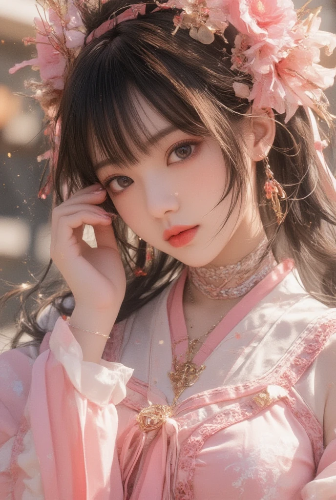 (8k, RAW photo:1.2), best quality, ultra high res,dramatic angle,(fluttered detailed color splashs), (illustration),(((1 girl))),(long hair),(rain:0.9), (Headdress:1.4),There is an ancient palace beside the girl,Hanfu,(Key Points),Color ink painting,(Splash of Color),Splash of Color,(((colorful))),(sketch:0.8) , Masterpiece, best quality, beautiful painted, highly detailed,(denoising:0.6),[splash ink],((ink refraction)), (beautiful detailed sky),moon,highly,detaild,(masterpiece, best quality, extremely detailed） CG Unity 8k Wallpaper，masterpiece，best quality，Ultra Detailed），（Lycoris）. hanfu open v   open V-chested clothes Thin silk lace dress , (huge ，cleavage),, white pink, blue ，best qualtiy，tmasterpiece，Ultra-high resolution，（Reality：1.4），RAW photogr，（True skin texture：1.3），（filmgrain：1.3），（Selfie angle），1个Giant Breast Girl，Beautiful eye and face details，tmasterpiece，Best quality at best，，The chest more ， detailed hair,  pink , detail 8k, upper body, lace petticoat