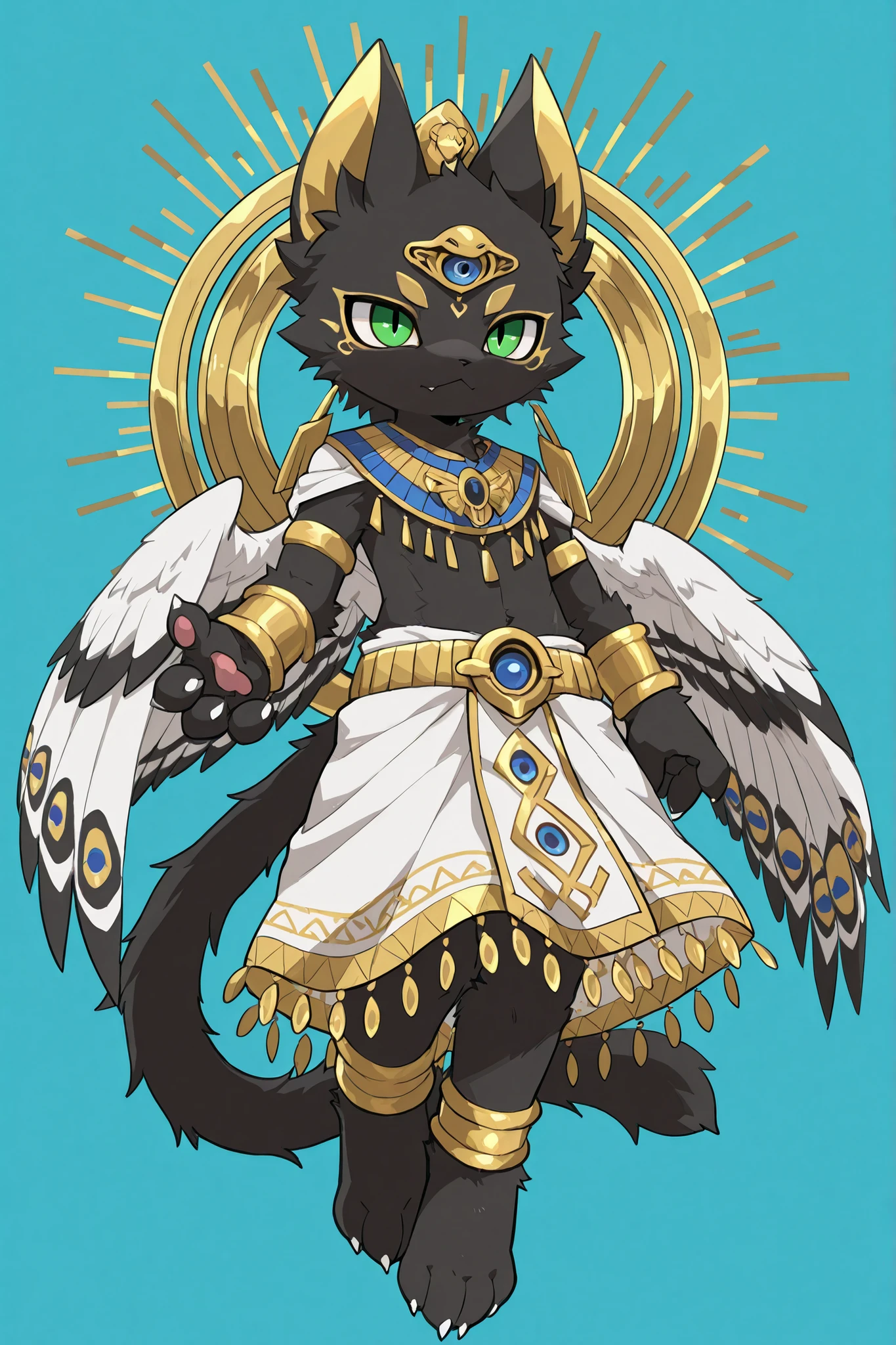 masterpiece, best quality, ultra-detailed, full body, solo, simple background, 1 boy, furry,cat ears, ショタ体型,
egyptian god horus, anthropomorphic falcon boy, elegant outfit, white cloth kilt, golden belt with blue gems, ornate chest ornament, shoulder cloth,
large decorative wings on back, peacock-like feathers with blue green and gold gradient,
head ornament with white hawk wings, youthful face, sharp eyes, royal presence,
white, gold, blue, and green color scheme,
regal yet graceful, feathers fluttering slightly in the wind,super deformed,black fur,逆さ吊り,NSFW,低角度, 股