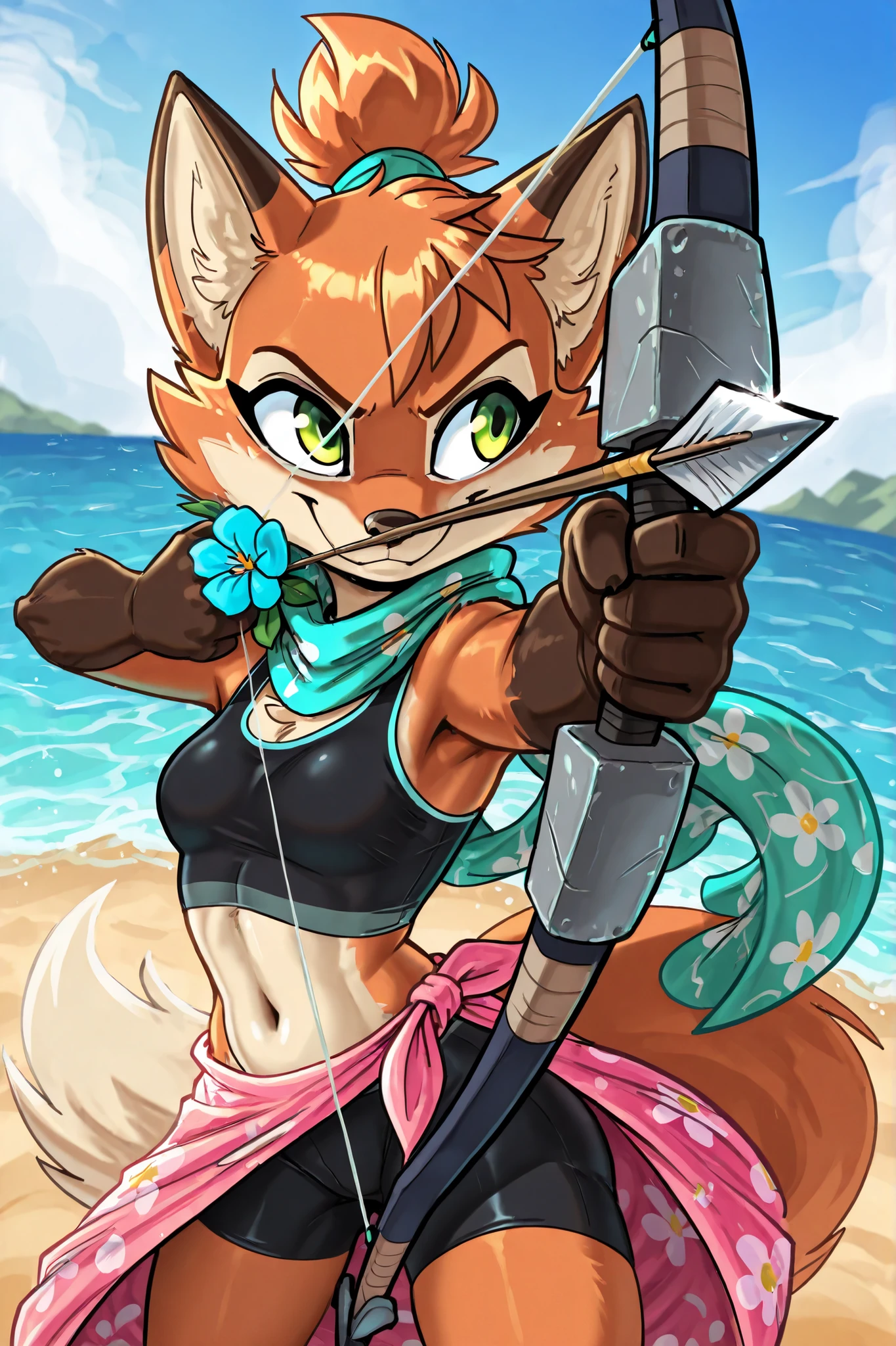 score_9, score_8_up, score_7_up, 1girl, source furry, absurdres, masterpiece, best quality, amazing quality, siroc, solo, dynamic angle, fleetfox, furry, fox, orange fur, green eyes, female, short hair, spiky pointed bangs tuft, fleetSummer, ((black tankini, midriff, black bike shorts, navel, turquoise long scarf with flower pattern, pink sarong)), uperbody, small breasts, ponytail, smile, jumping, smile, holding weapon with one hand, bow weapon, archery, arrow focus, action pose, beach on background, holding arrow, holding a bow string, dnd minifig base, 