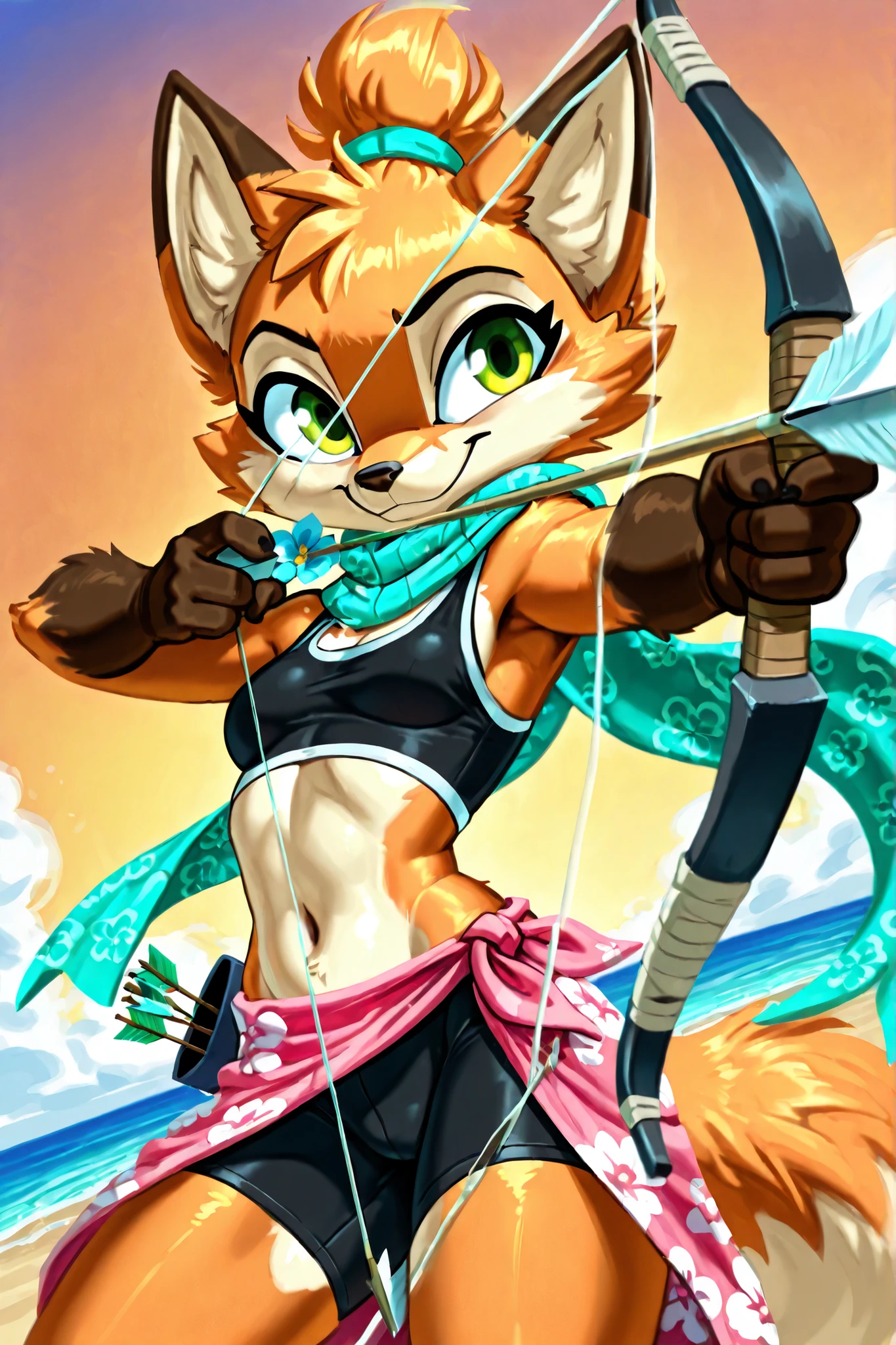 score_9, score_8_up, score_7_up, 1girl, source furry, absurdres, masterpiece, best quality, amazing quality, siroc, solo, dynamic angle, fleetfox, furry, fox, orange fur, green eyes, female, short hair, spiky pointed bangs tuft, fleetSummer, ((black tankini, midriff, black bike shorts, navel, turquoise long scarf with flower pattern, pink sarong)), uperbody, small breasts, ponytail, smile, jumping, smile, holding weapon with one hand, bow weapon, archery, arrow focus, action pose, beach on background, holding arrow, holding a bow string, dnd minifig base,